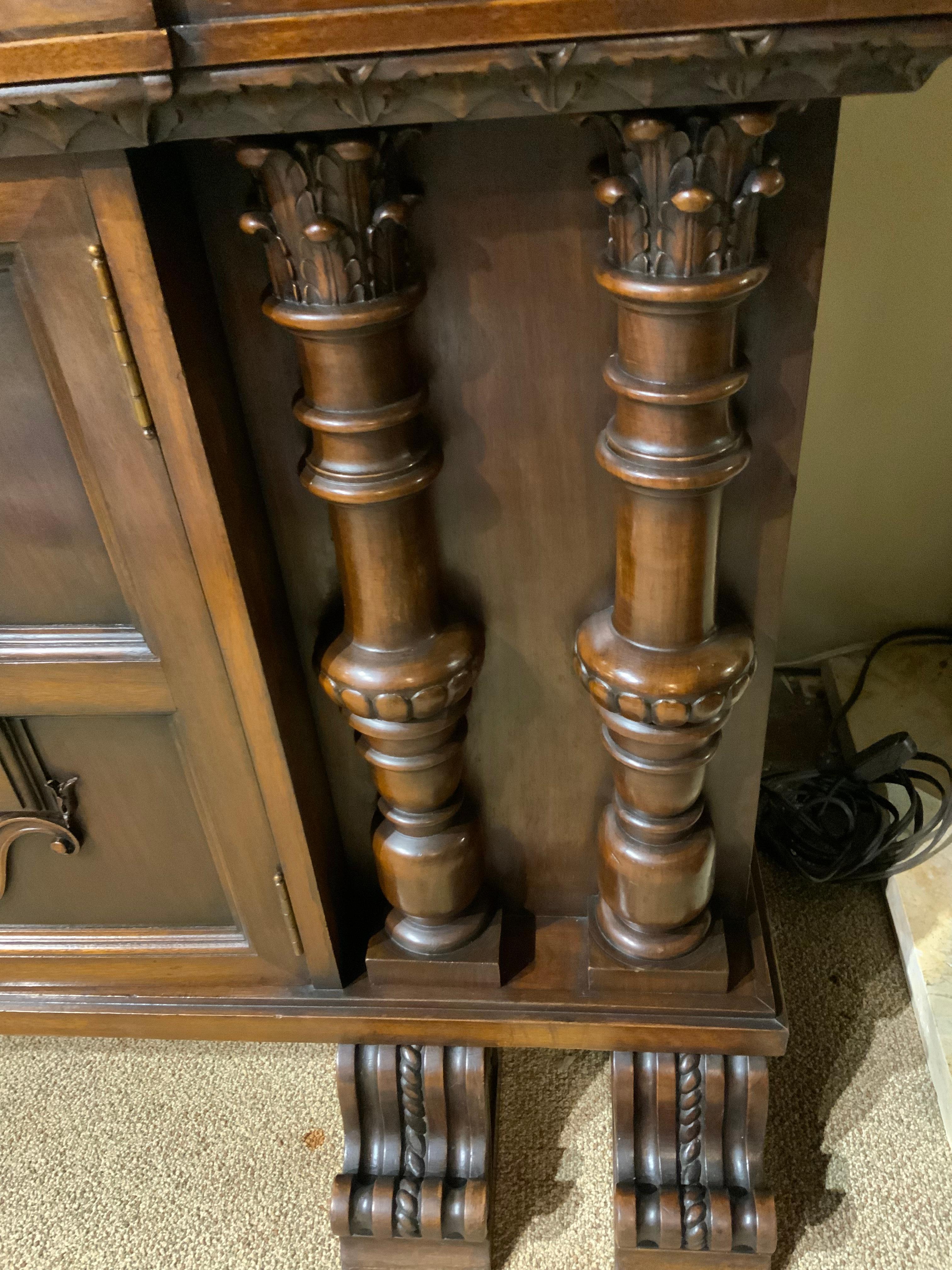 Hand-Carved Spanish Renaissance Style Dark Walnut Carved Buffet /Credenza For Sale