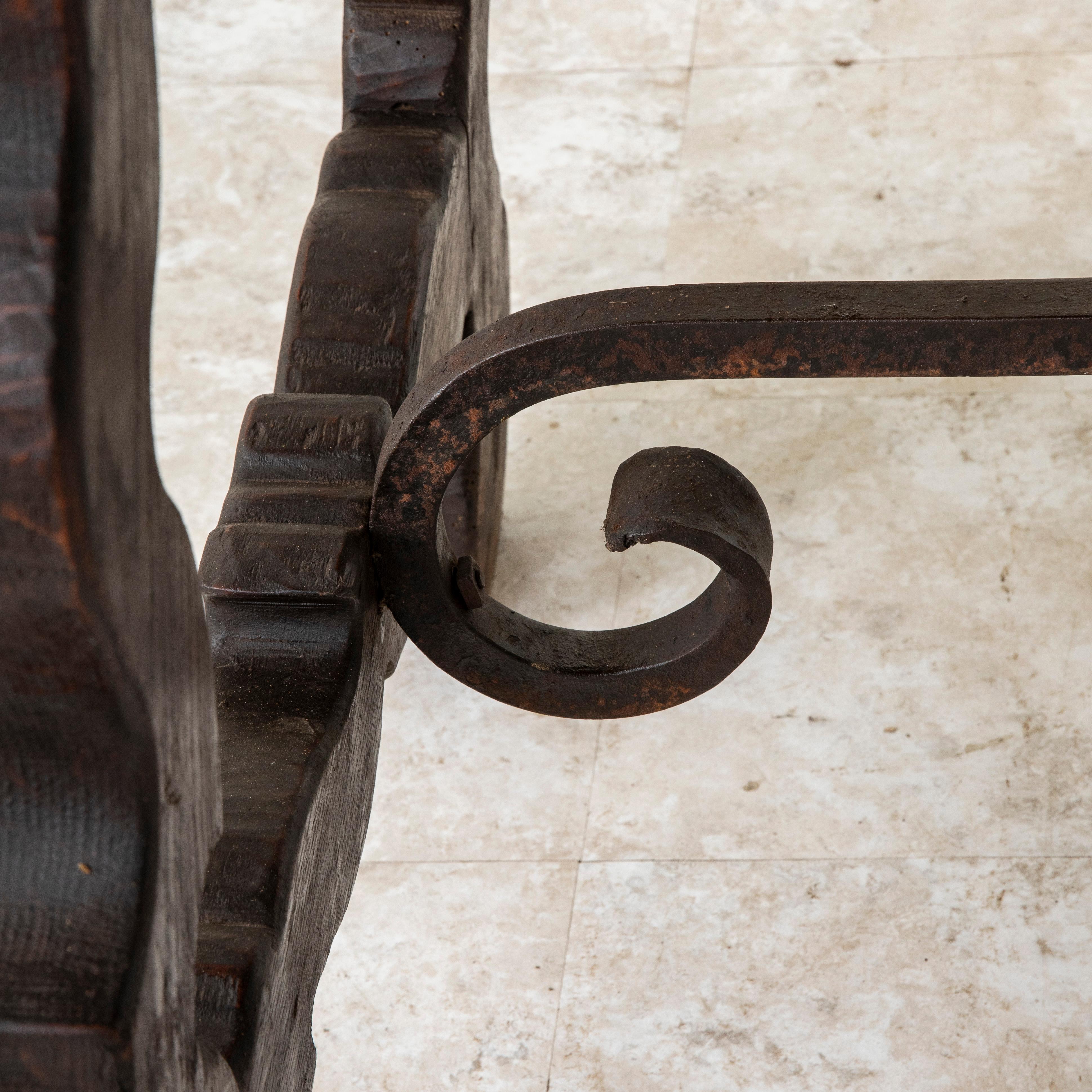 Spanish Renaissance Style Hand Hewn Oak Table, Forged Iron Stretcher circa 1900 For Sale 9