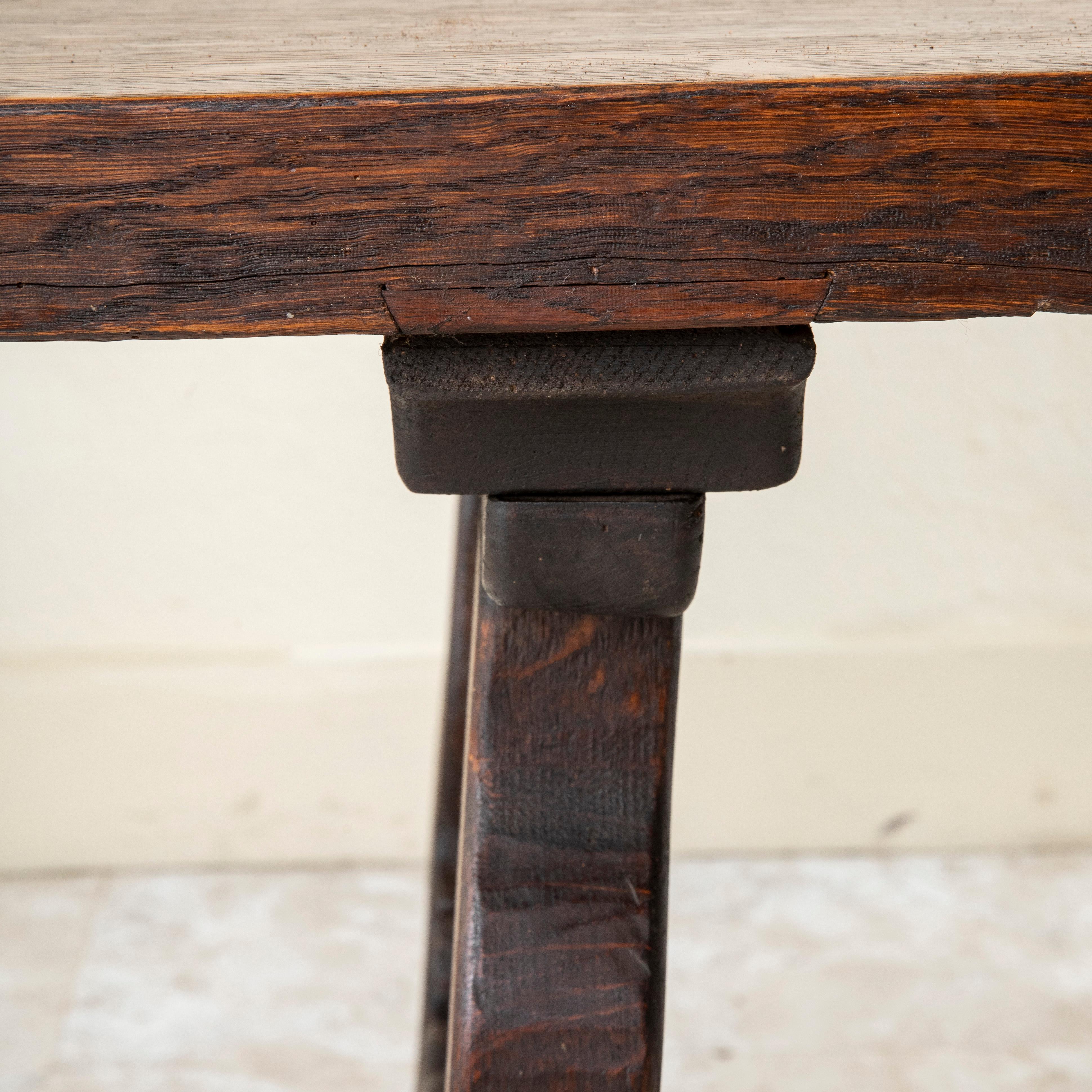 Spanish Renaissance Style Hand Hewn Oak Table, Forged Iron Stretcher circa 1900 For Sale 11