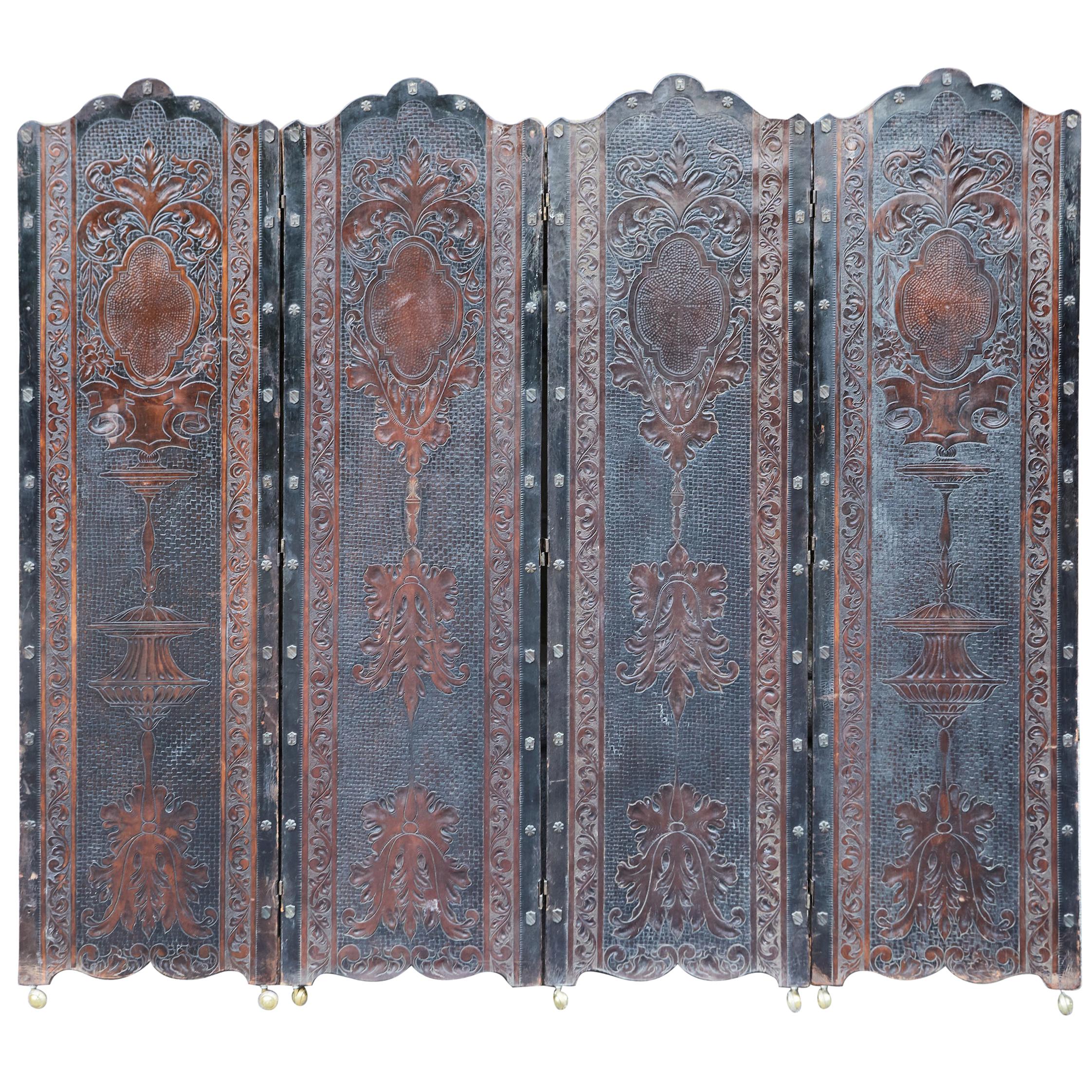 Spanish Renaissance Style Leather Folding Screen