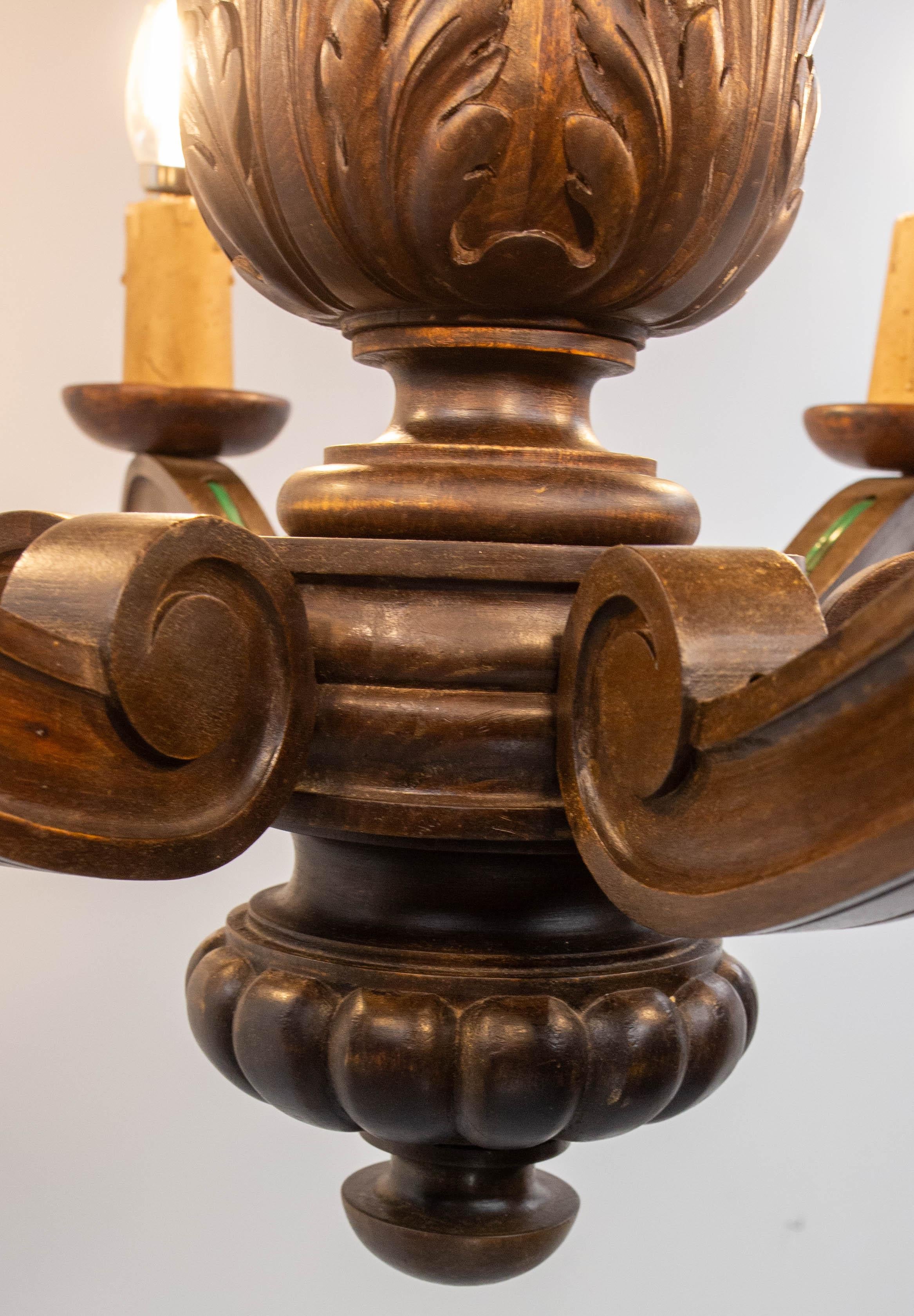 Spanish Renaissance Style Oak Ceiling Lustre Six Lamps, circa 1960 For Sale 6