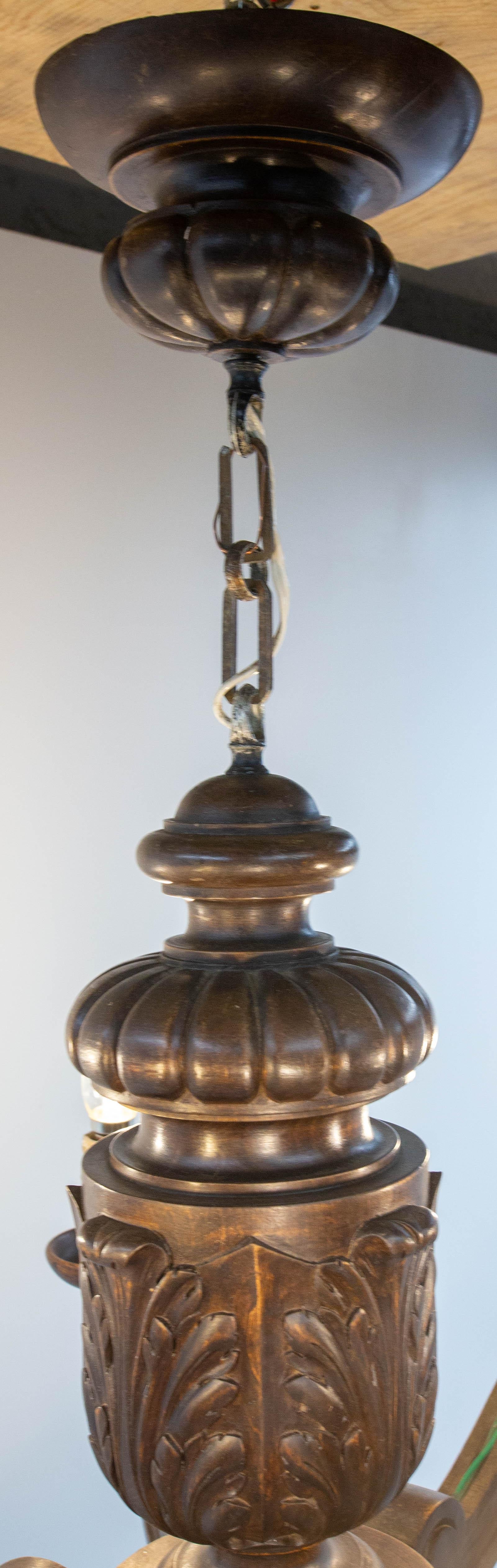 Spanish Renaissance Style Oak Ceiling Lustre Six Lamps, circa 1960 For Sale 7
