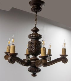 Spanischer Renaissance-Stil Eiche Deckenlüster Sechs Lampen, um 1960