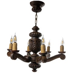 Spanish Renaissance Style Oak Ceiling Lustre Six Lamps, circa 1960