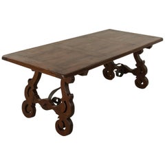 Spanish Renaissance Style Oak Dining Table with Forged Iron Stretcher circa 1900