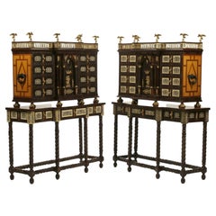 Spanish Renaissance Style, Set of Two on Stands, Inlaid Vargueno Cabinets
