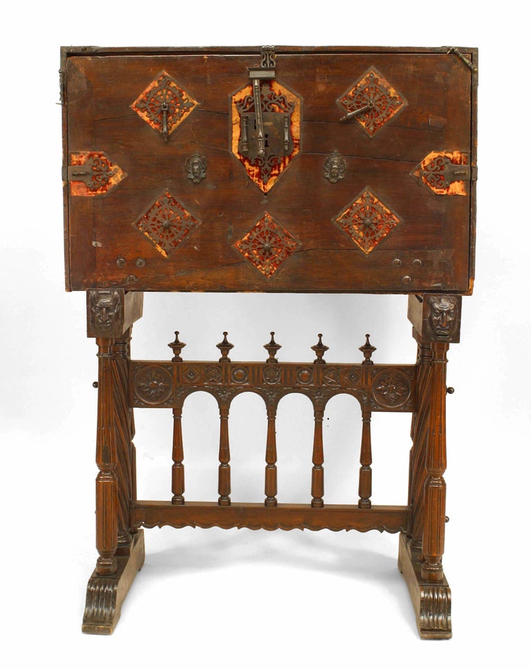 Spanish Renaissance Style Walnut & Wrought Iron Vargueno In Good Condition For Sale In New York, NY