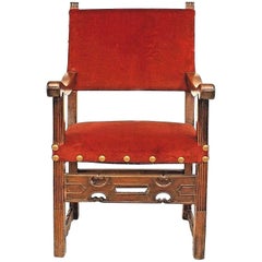 Antique Spanish Renaissance Walnut and Red Velvet Armchair