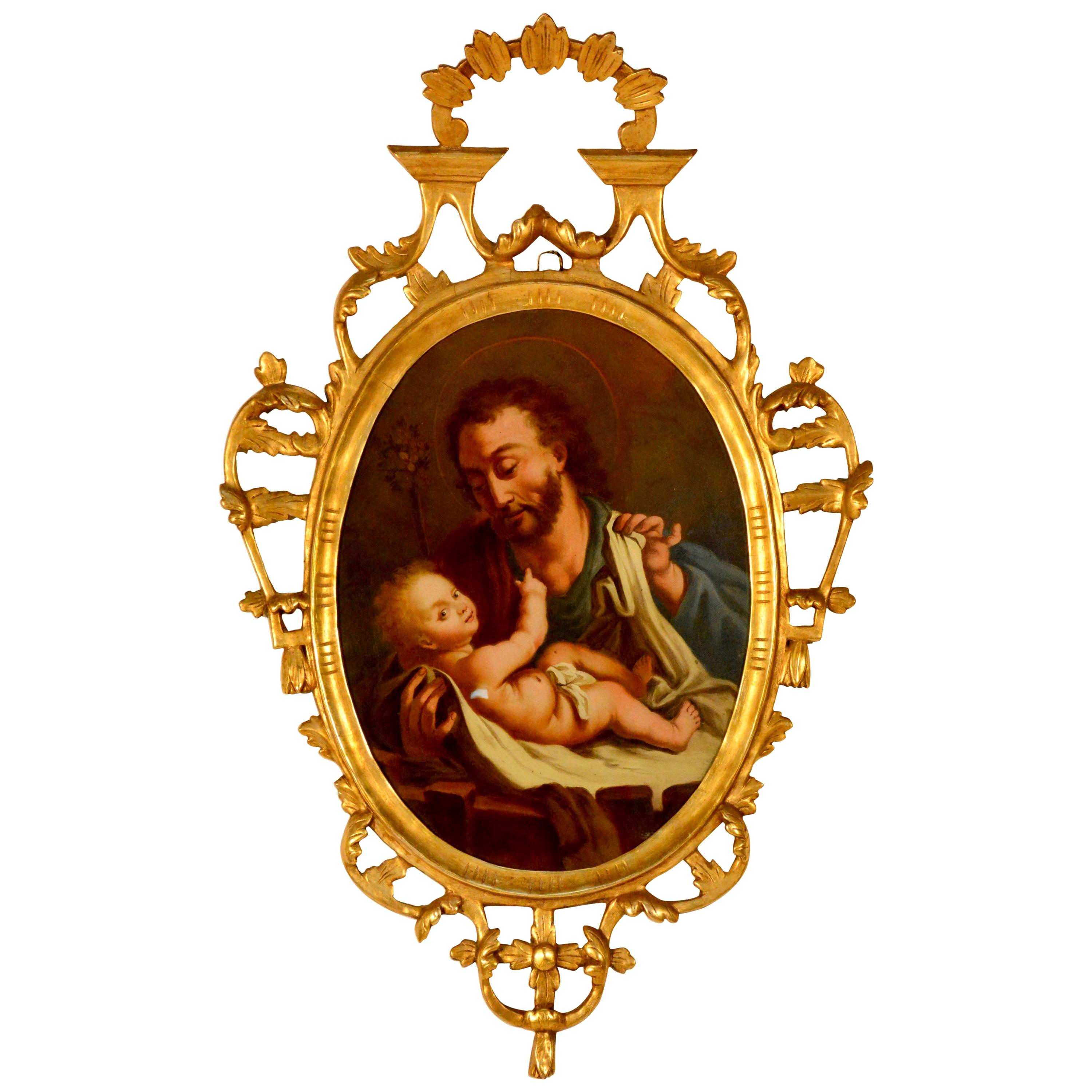 Spanish Reverse Painting Saint Joseph with the Christ Child For Sale