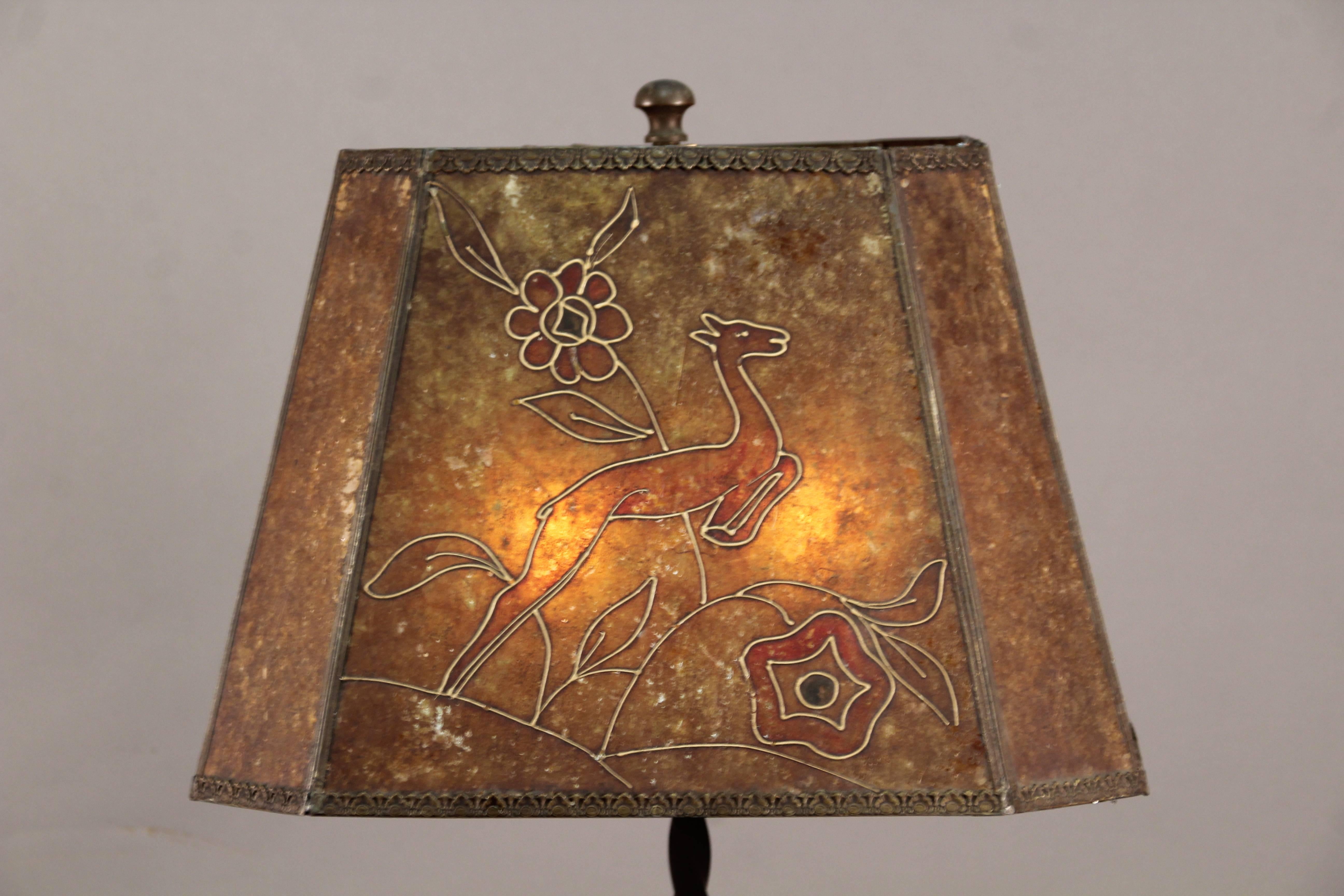 Floor lamp with wrought iron base eight sided mica shade, circa 1920s.