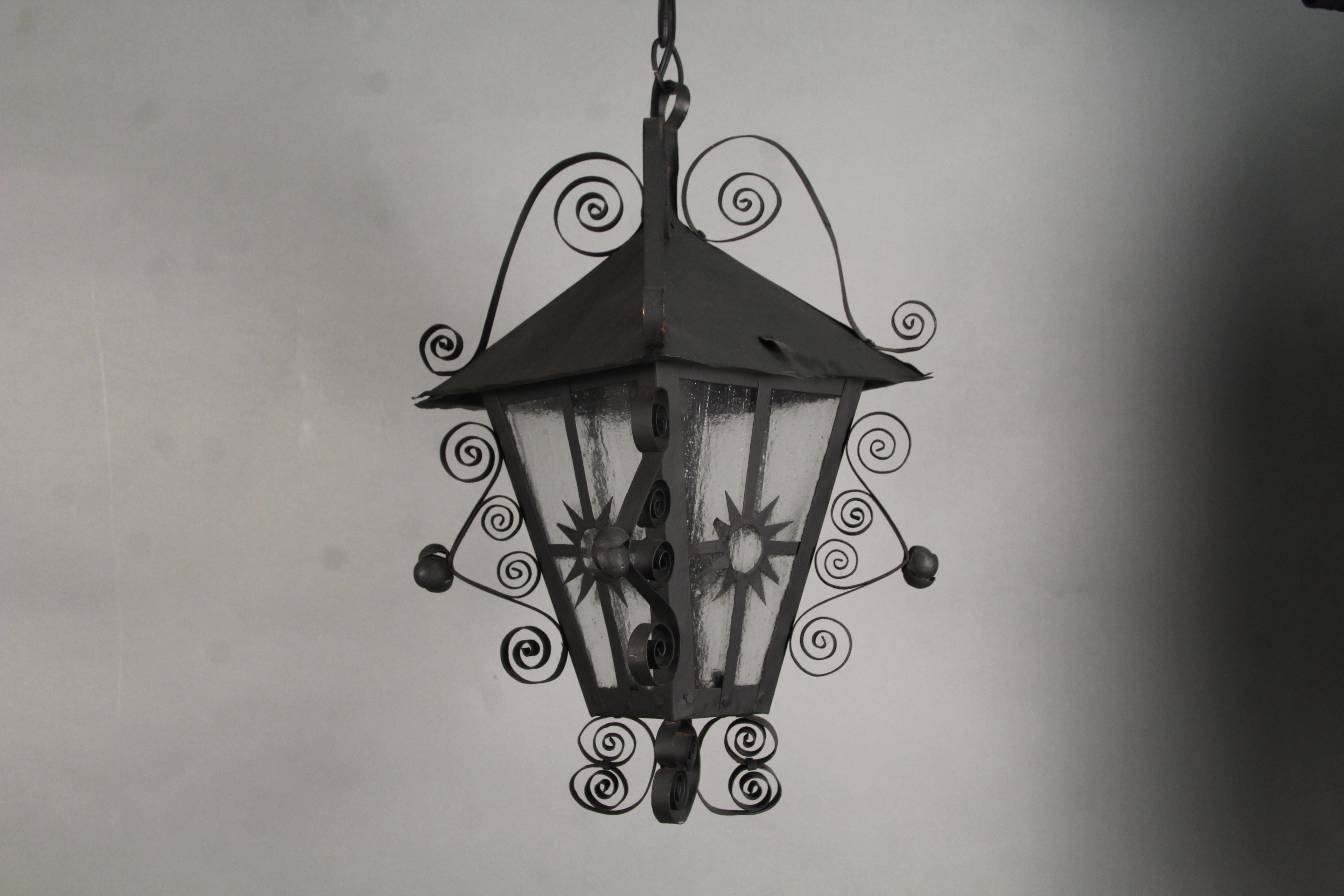 Whimsical hanging lantern with seeded glass, circa 1930s.