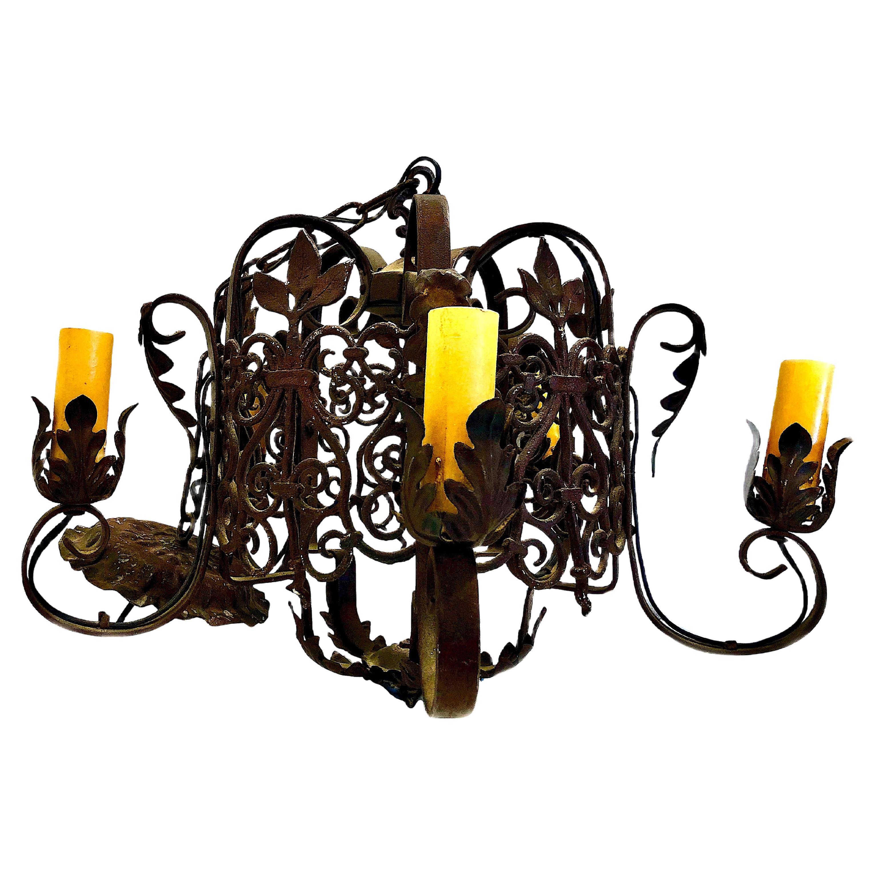 Spanish Revival 1940s Wrought Iron Chandelier For Sale