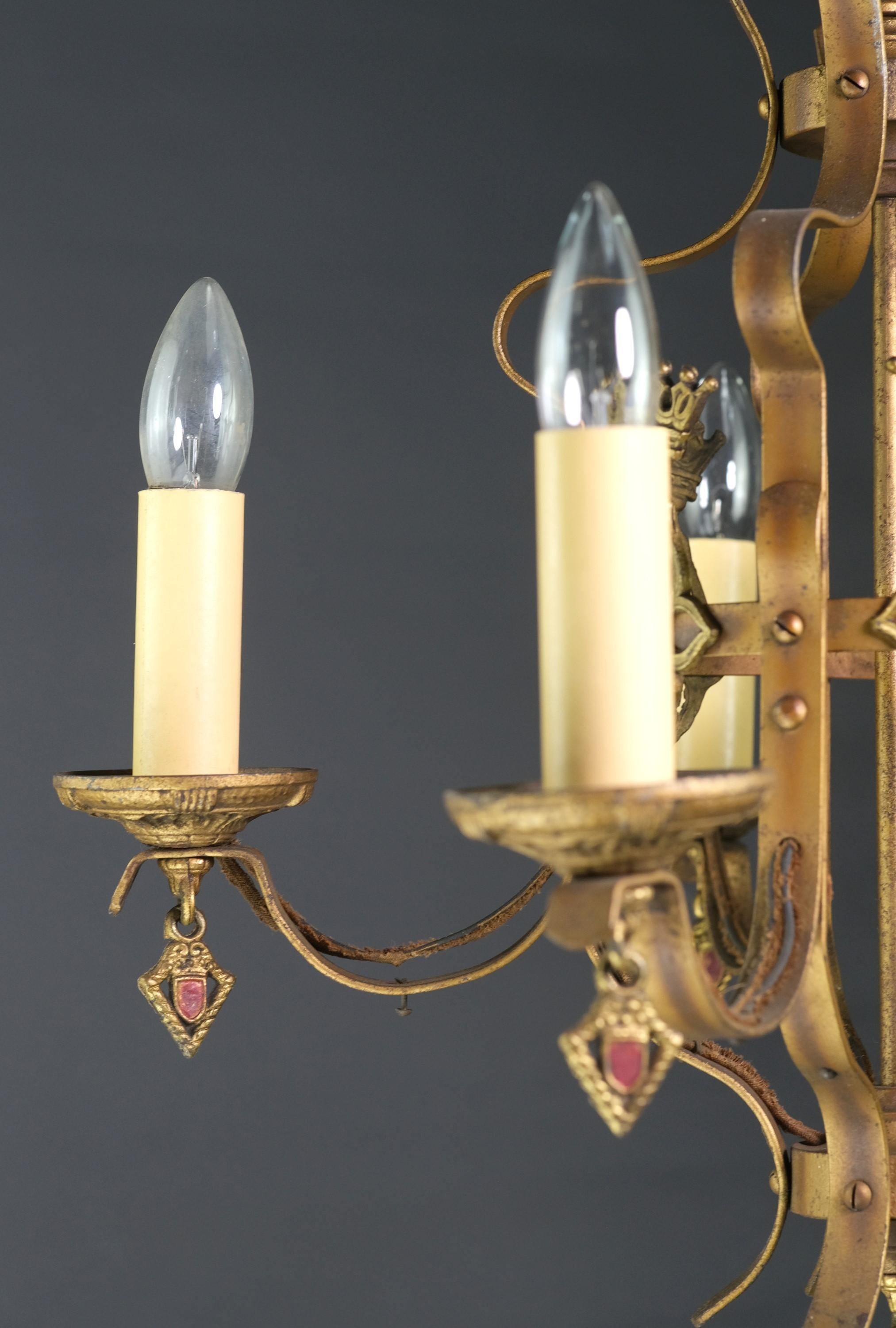 Gilt Spanish Revival 5 Light Gold Painted Chandelier Scrolls Finials For Sale