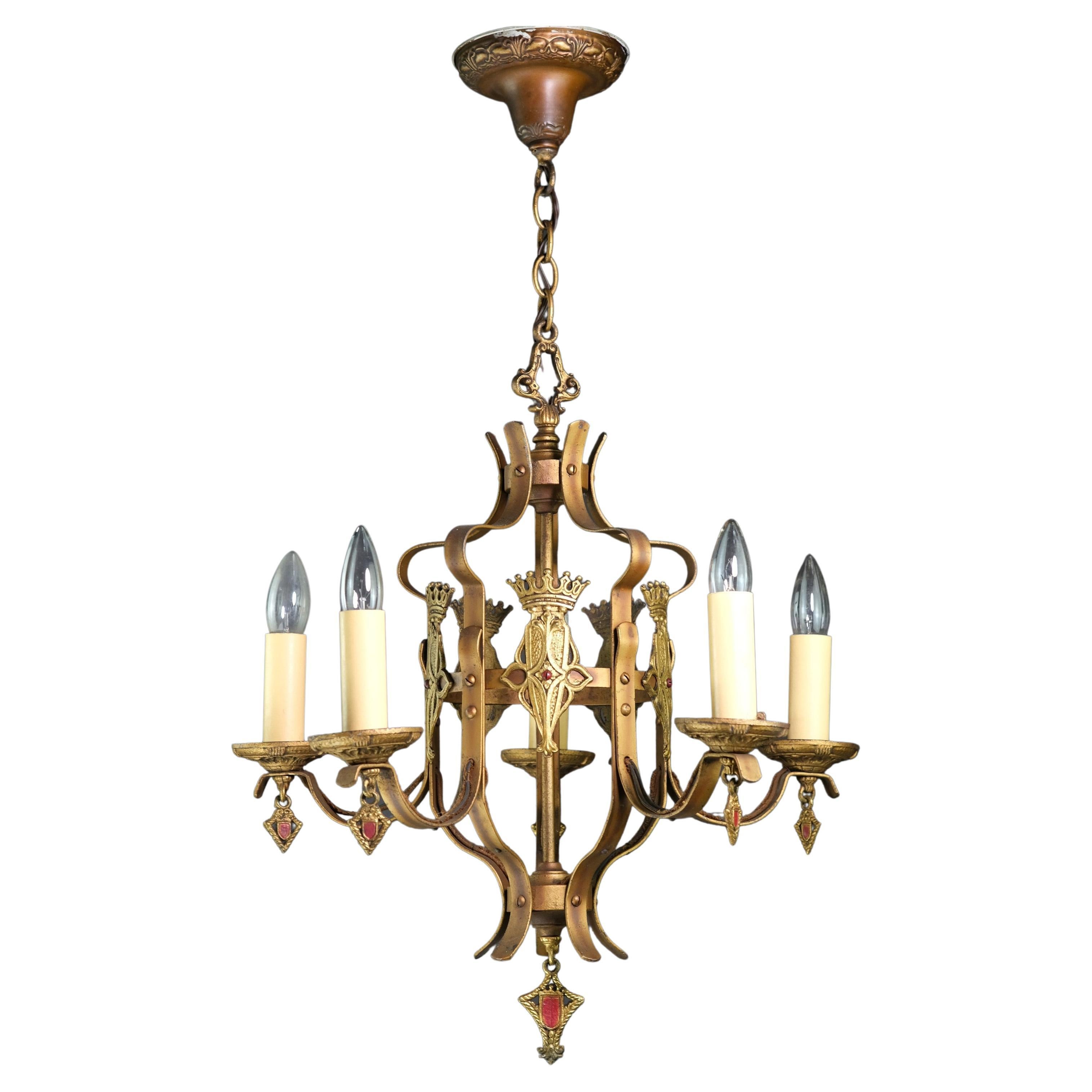Spanish Revival 5 Light Gold Painted Chandelier Scrolls Finials For Sale