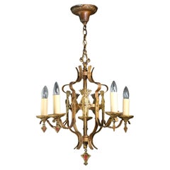 Spanish Revival 5 Light Gold Painted Chandelier Scrolls Finials
