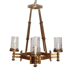 Spanish Revival Antique Gold Wrought Iron 4 Arm Chandelier