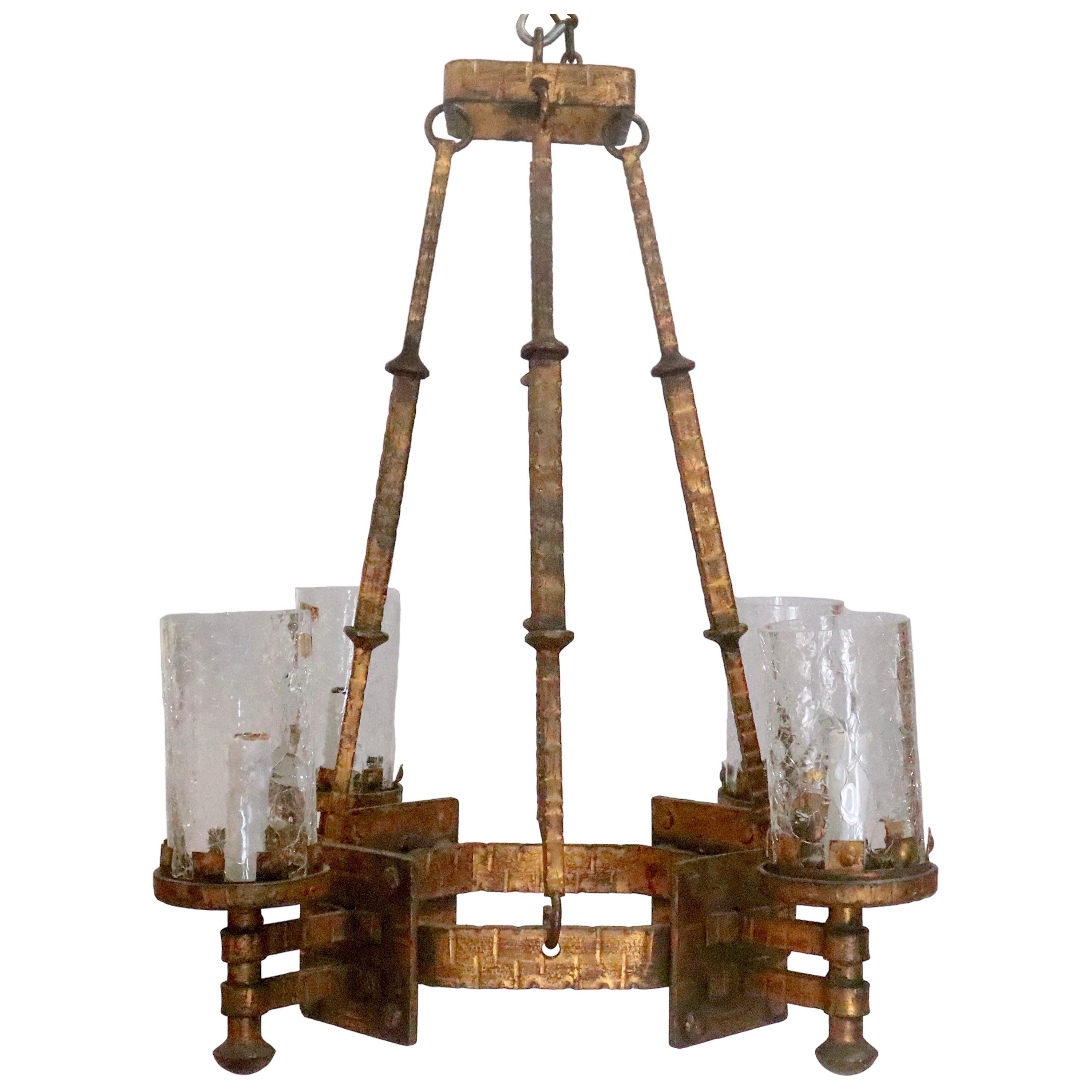 Spanish Revival Antique Gold Wrought Iron 4 Arm Chandelier