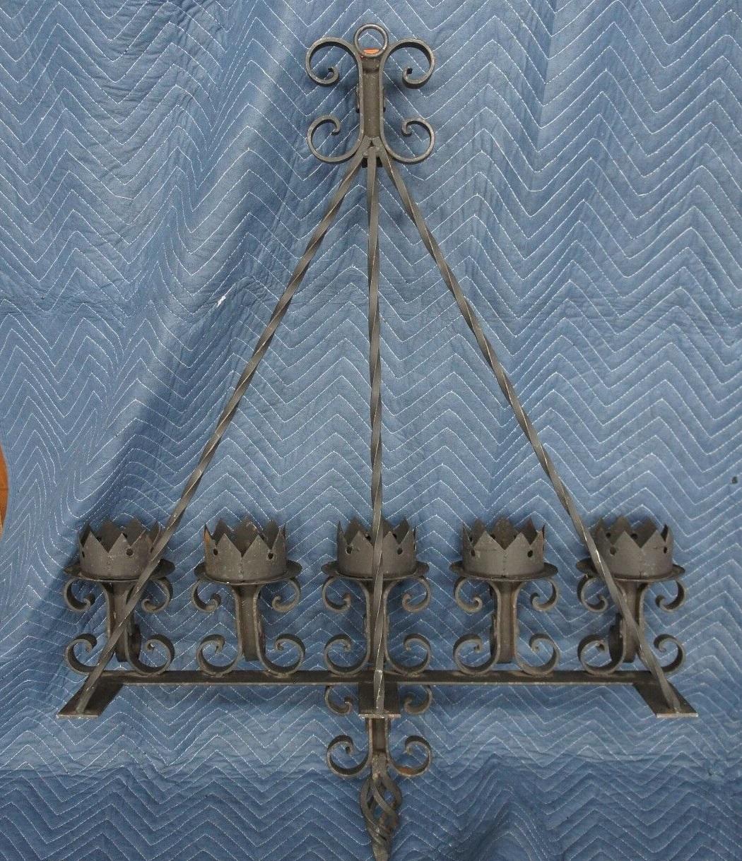 Wrought Iron Spanish Revival Brutalist Iron Gothic Wall Sconce 5-Light Candle Candelabra