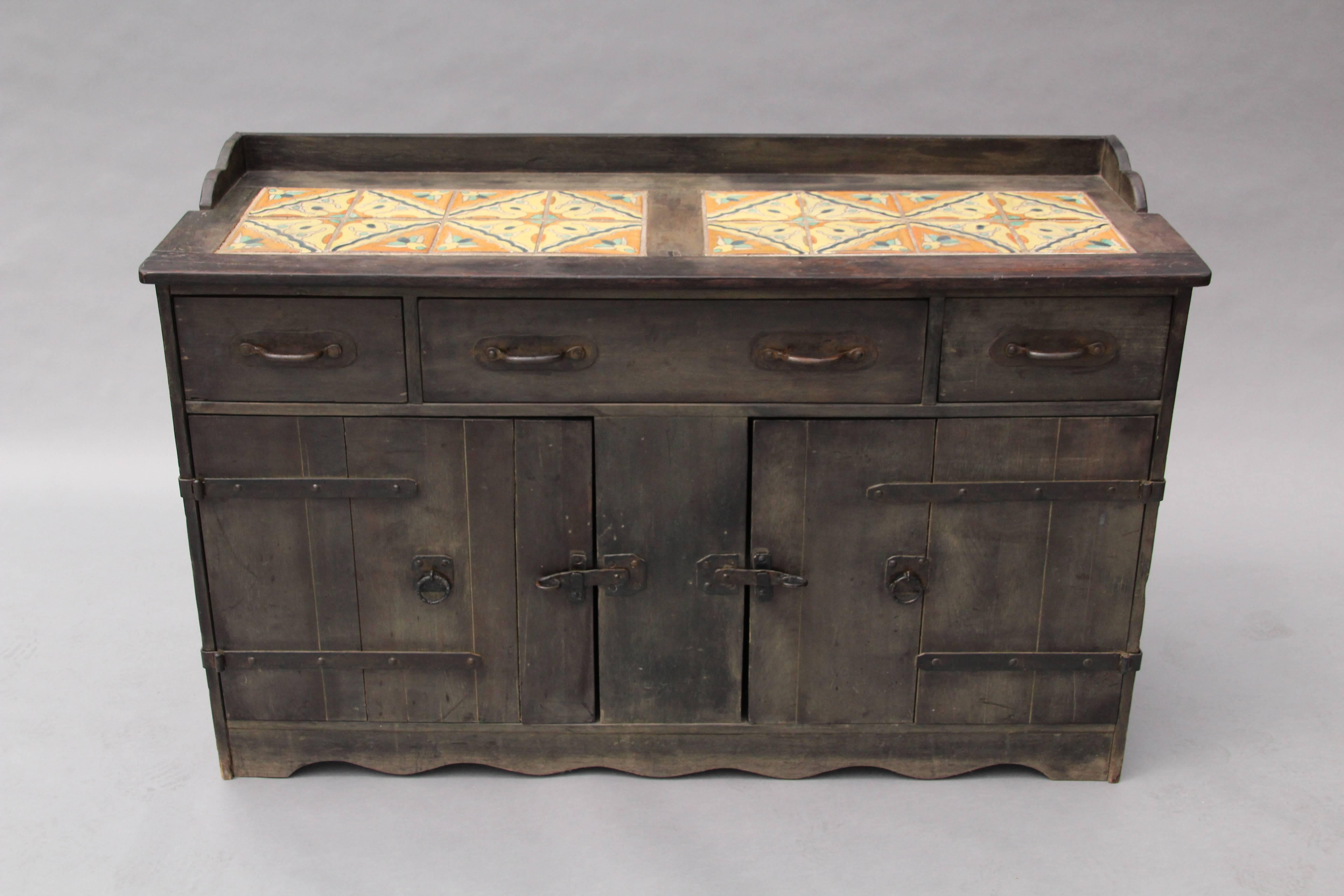 Mid-20th Century Spanish Revival California Rare Old Wood Monterey Sideboard with 12 Tile Top