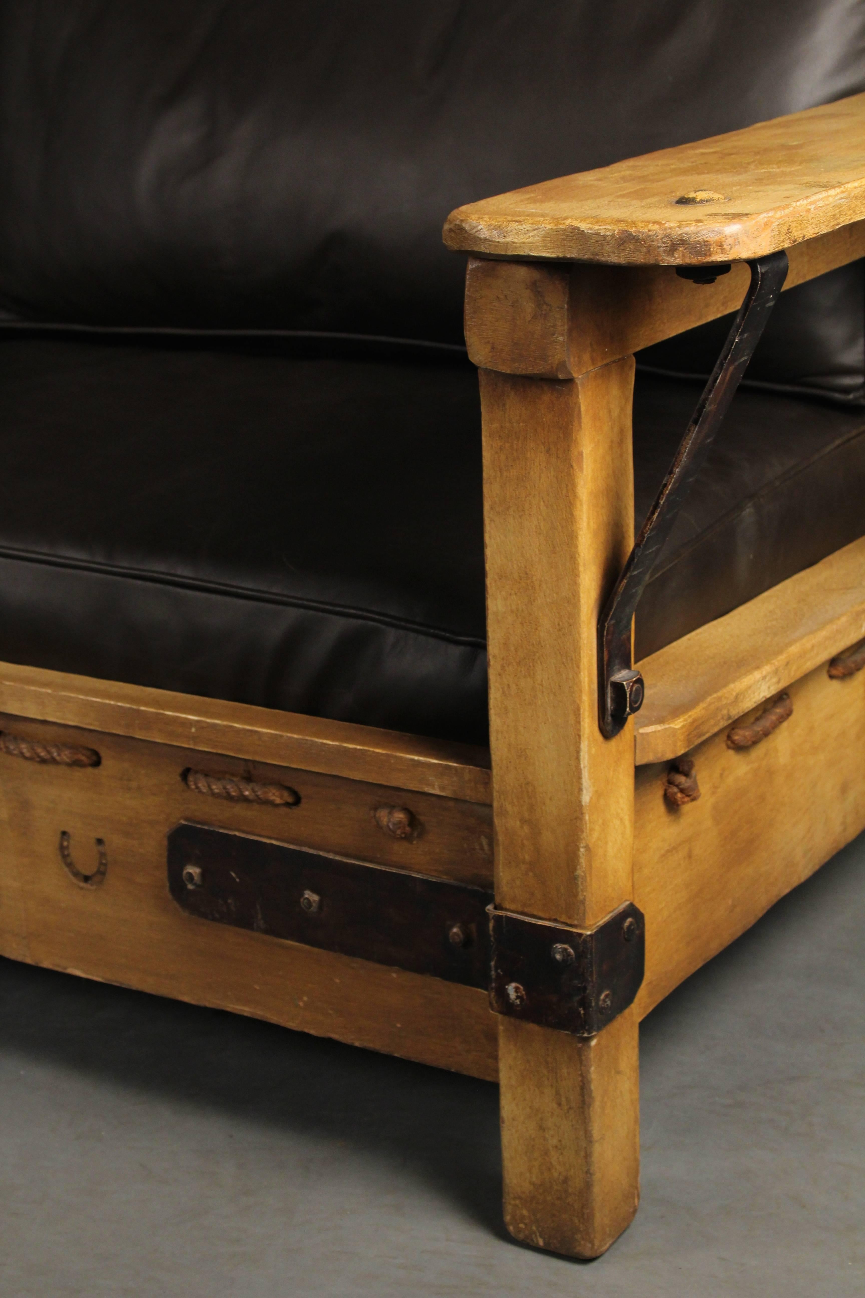 Spanish Revival California Signed Monterey Drop-Arm Sofa with Leather Upholstery In Good Condition In Pasadena, CA