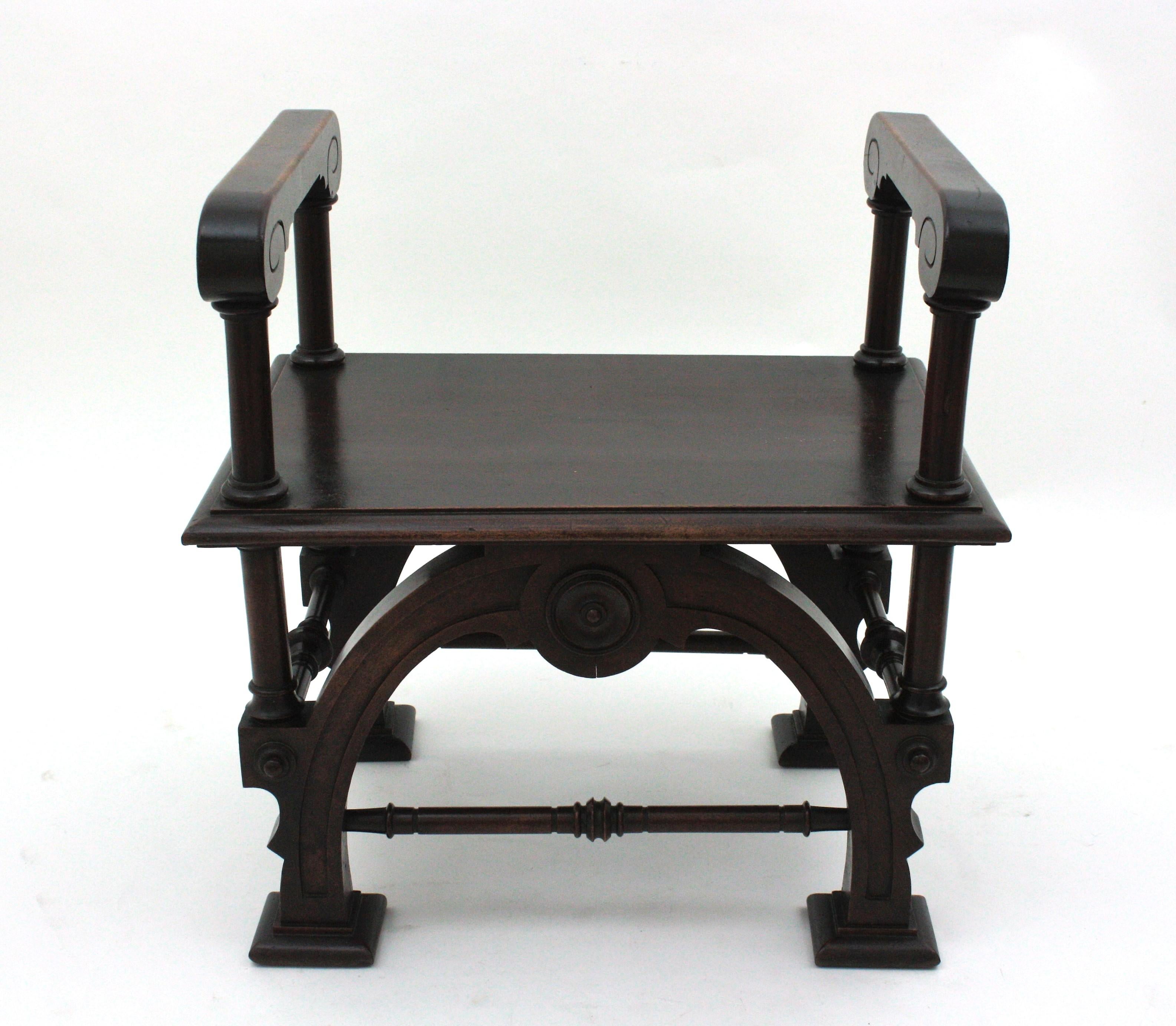 Spanish Revival Carved Stool or Bench in Walnut, 1940s For Sale 3
