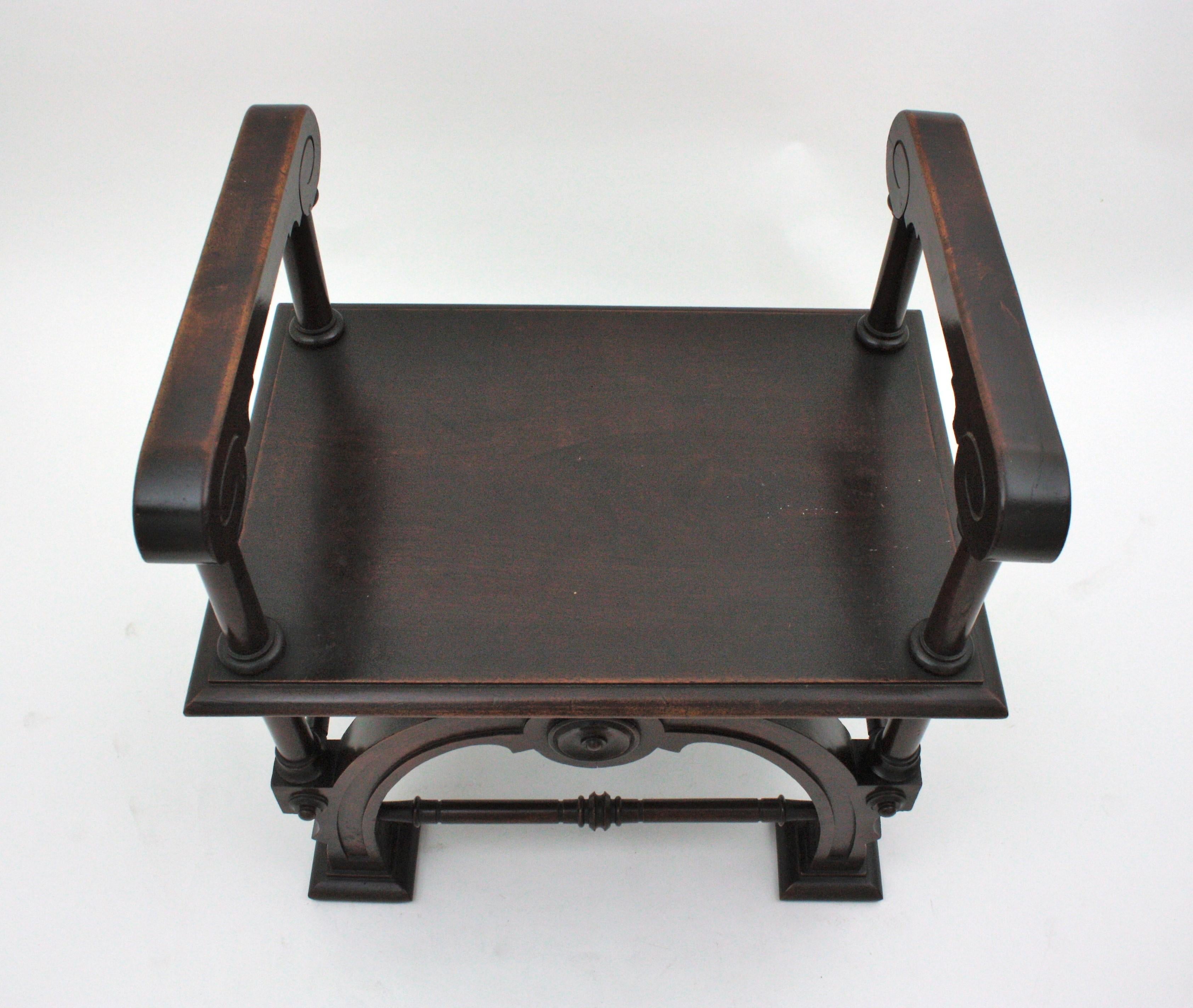 Spanish Revival Carved Stool or Bench in Walnut, 1940s For Sale 6