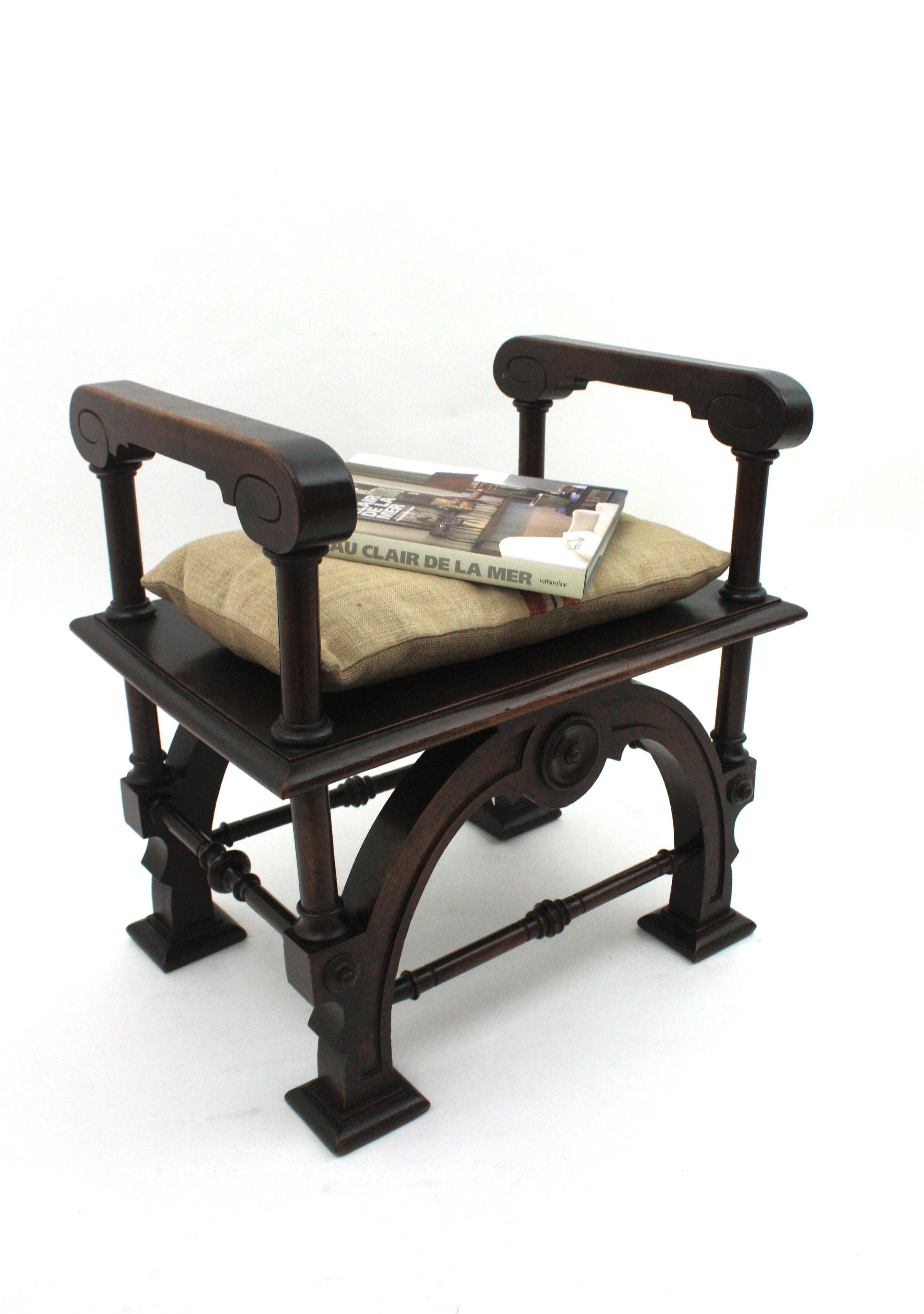 Spanish Revival Carved Stool or Bench in Walnut, 1940s For Sale 7