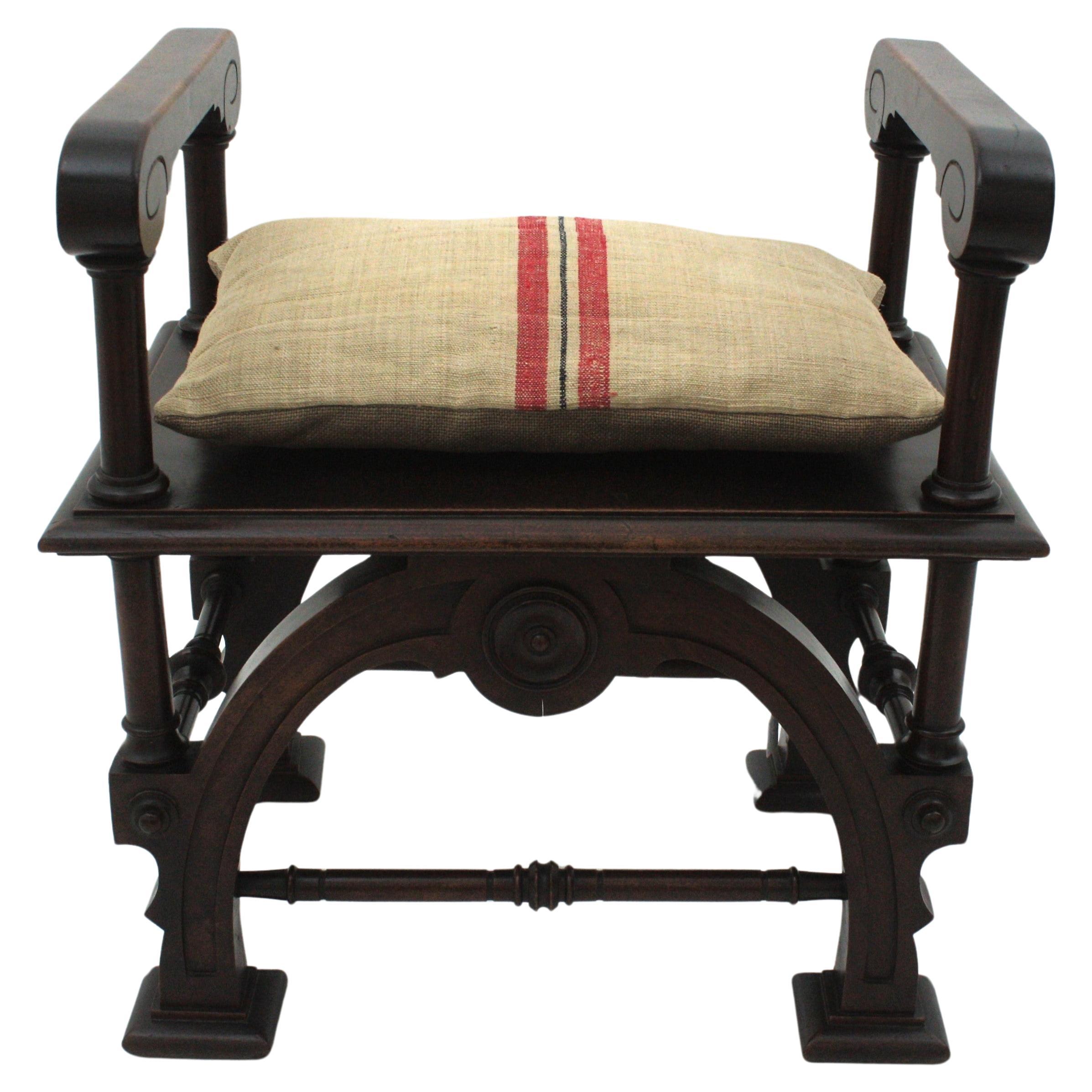 Renaissance Revival Spanish Revival Carved Stool or Bench in Walnut, 1940s For Sale