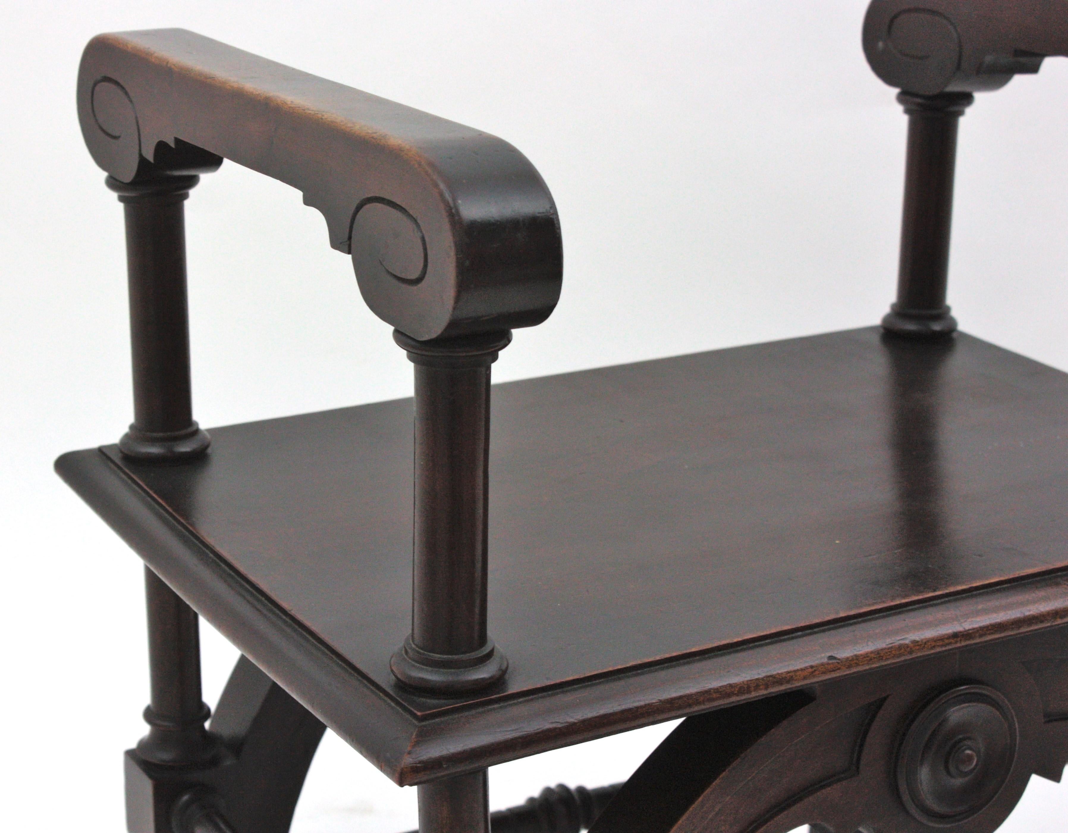 Hand-Crafted Spanish Revival Carved Stool or Bench in Walnut, 1940s For Sale