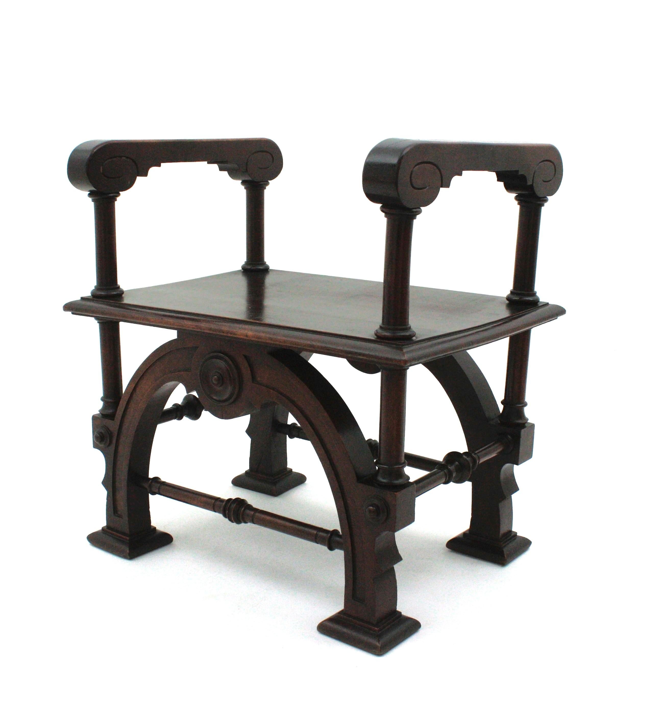 20th Century Spanish Revival Carved Stool or Bench in Walnut, 1940s For Sale
