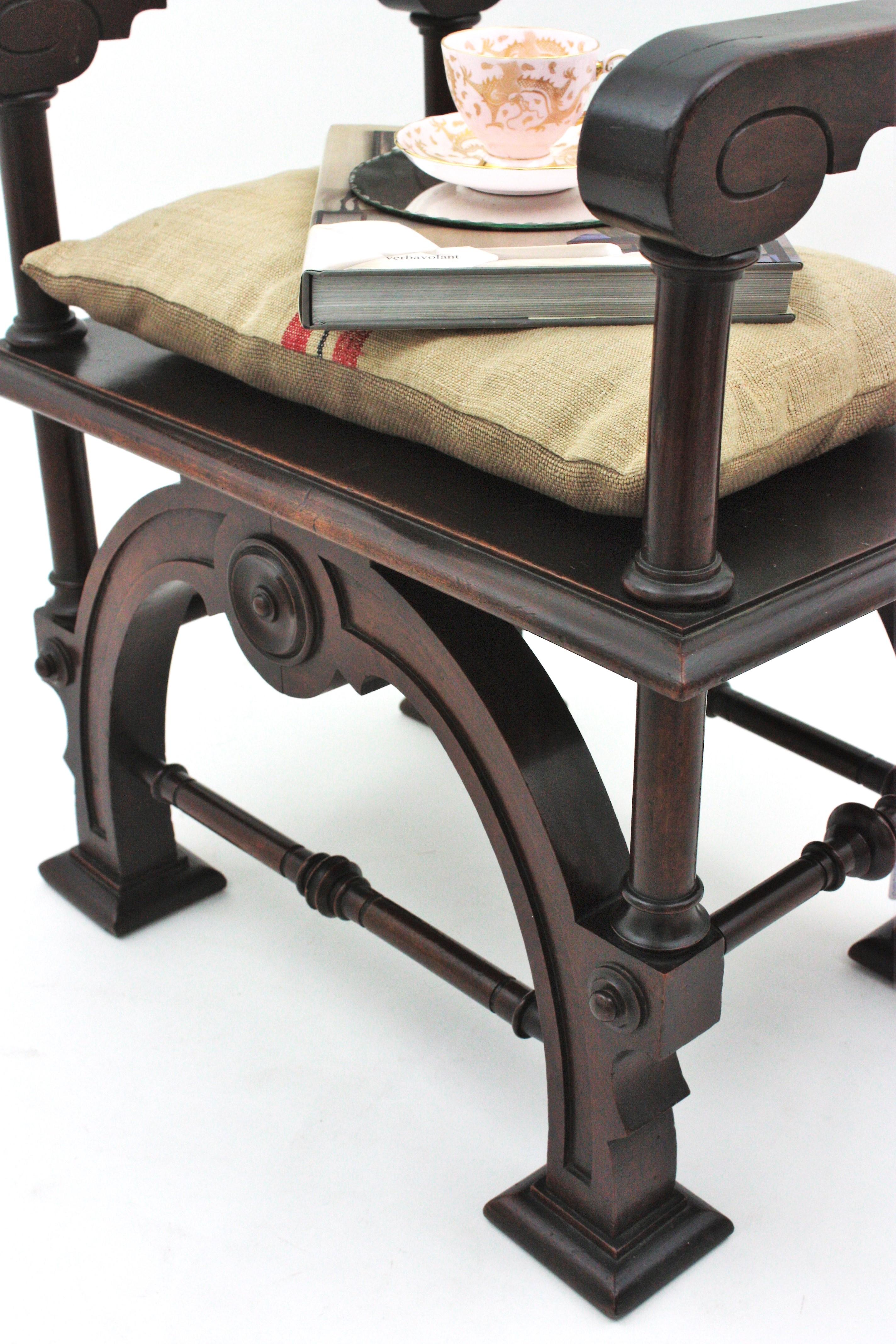 Spanish Revival Carved Stool or Bench in Walnut, 1940s For Sale 1