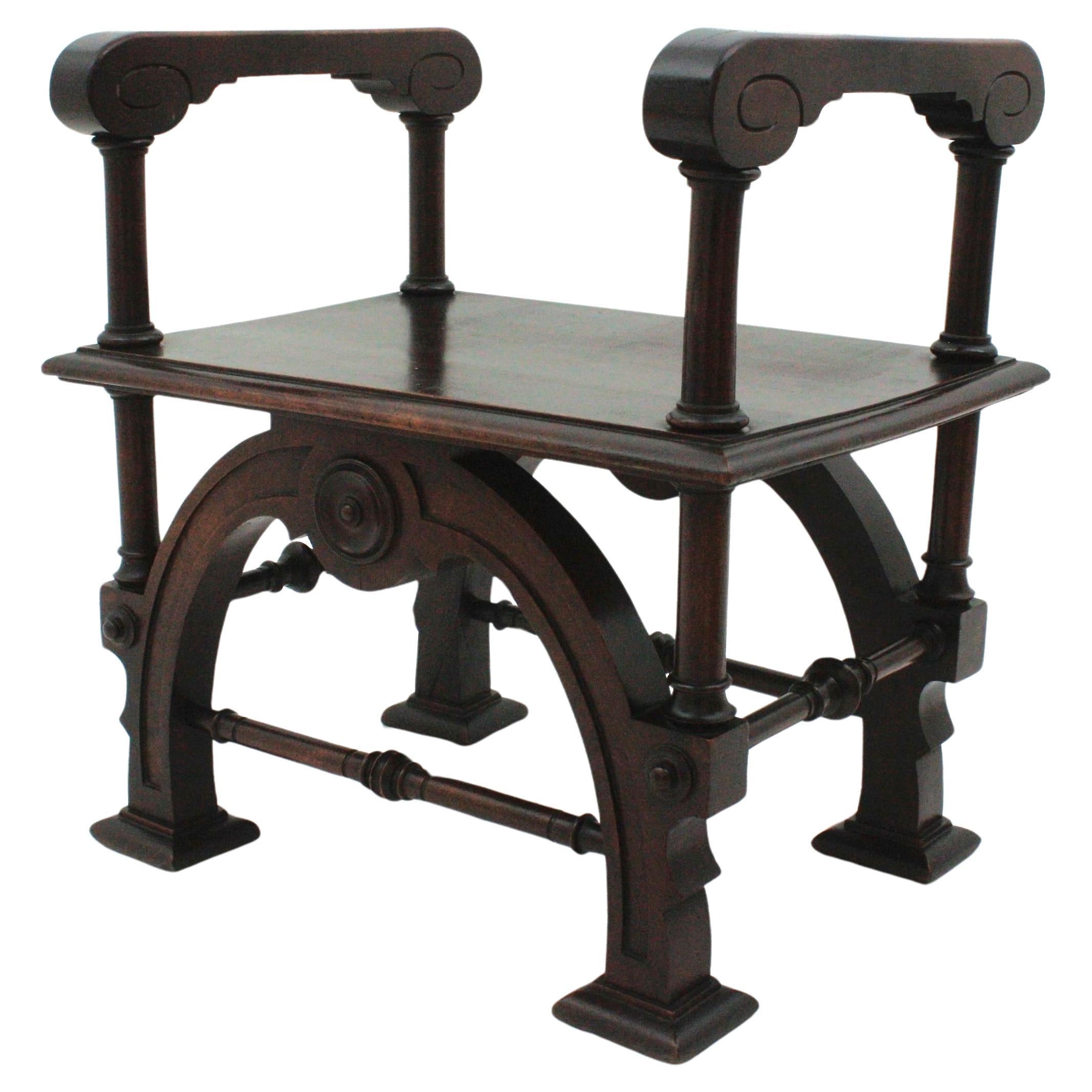 Spanish Revival Carved Stool or Bench in Walnut, 1940s For Sale