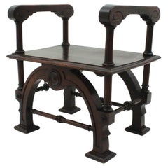 Vintage Spanish Revival Carved Stool or Bench in Walnut, 1940s