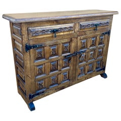 Spanish Revival Carved Wood Cabinet with Iron Hardware, 1940s