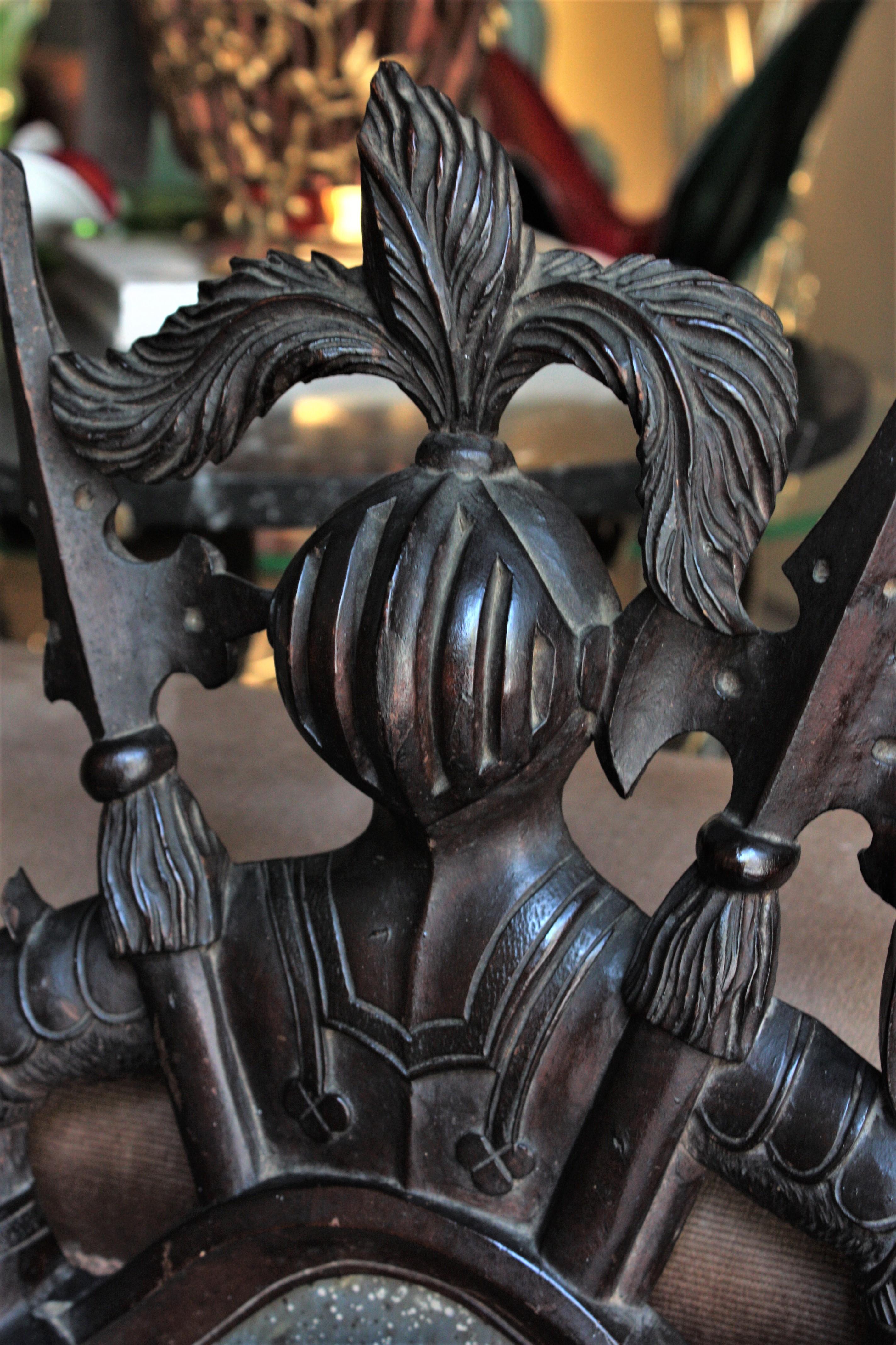 Spanish Revival Carved Wood Mirror with Medieval Knight Shaped Frame For Sale 5