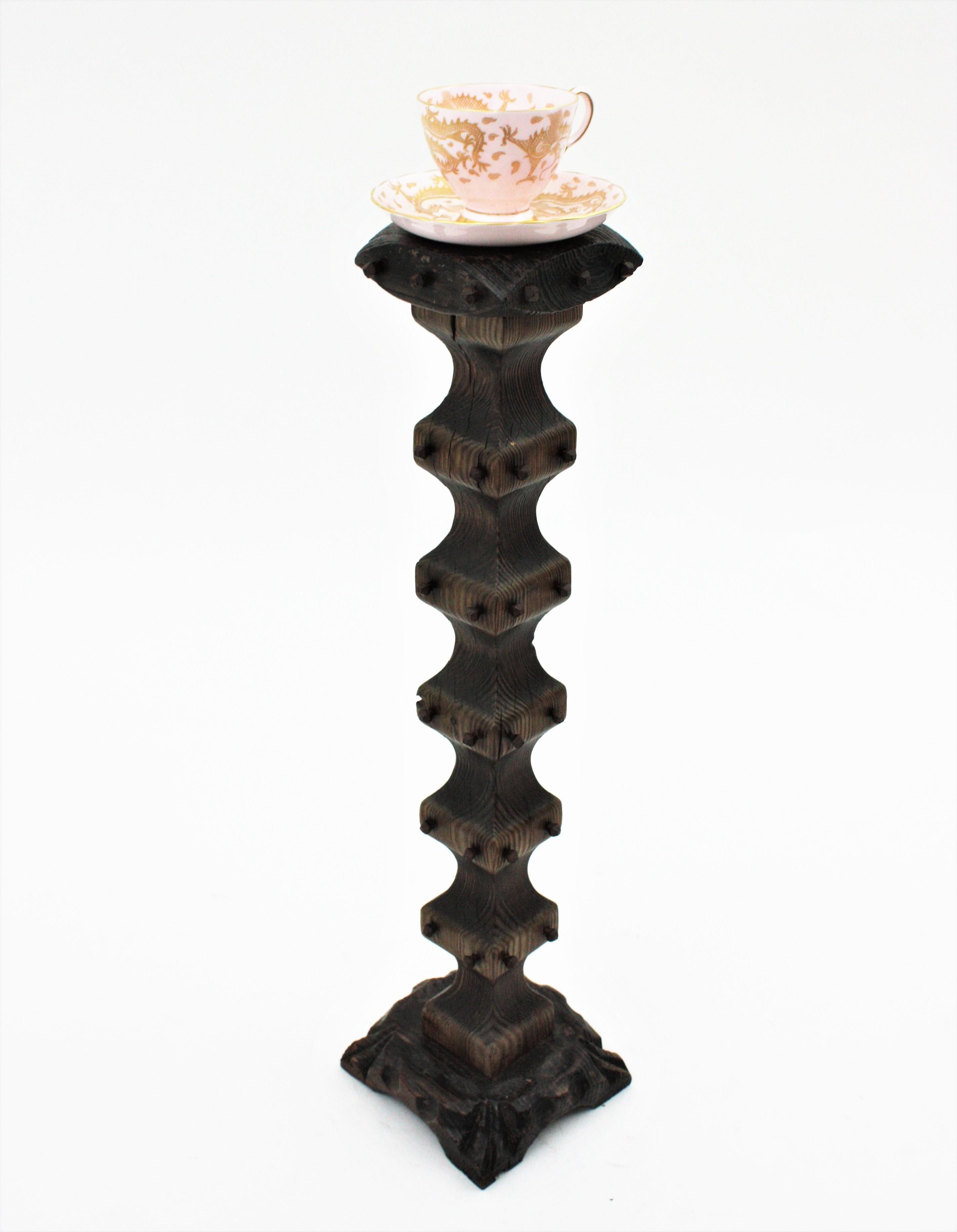 Wrought Iron Spanish Revival Carved Wood Torchere Floor Candle Holder with Nail Detail For Sale