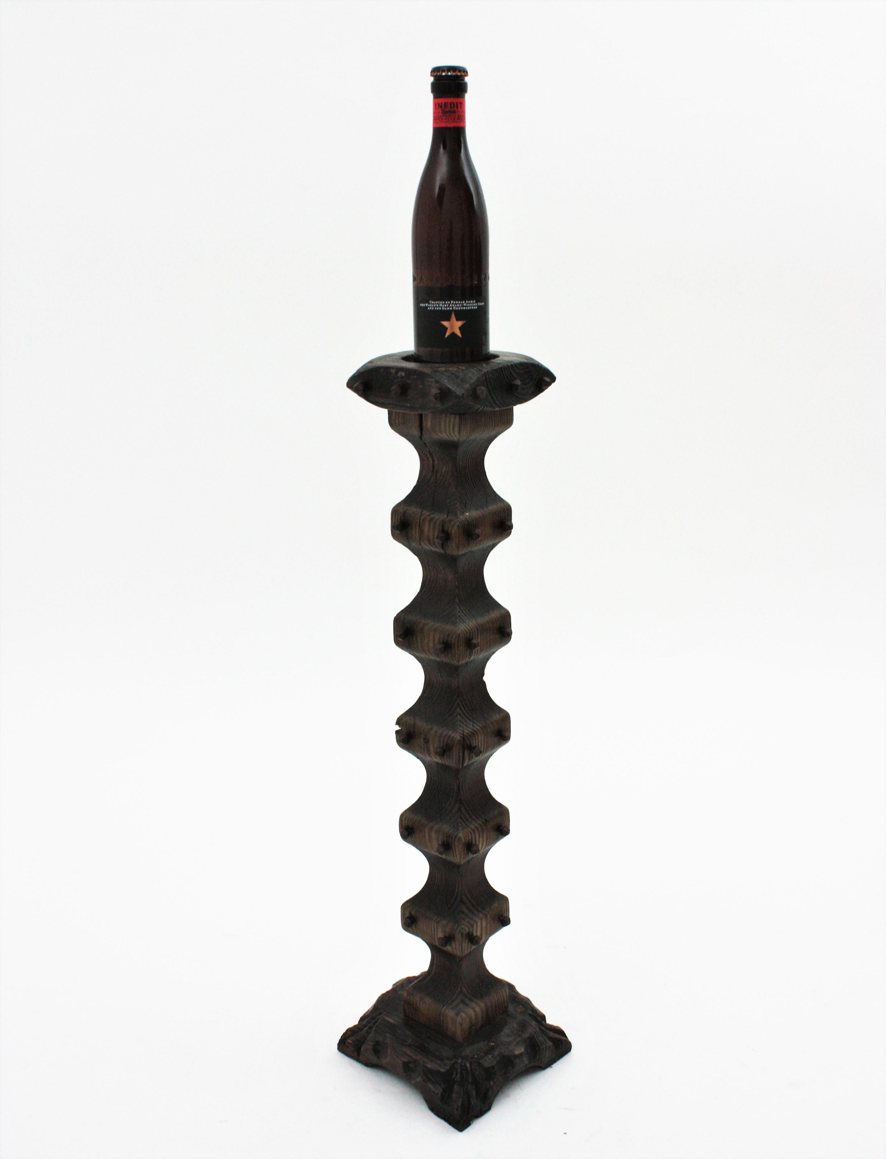 Spanish Revival Carved Wood Torchere Floor Candle Holder with Nail Detail For Sale 2