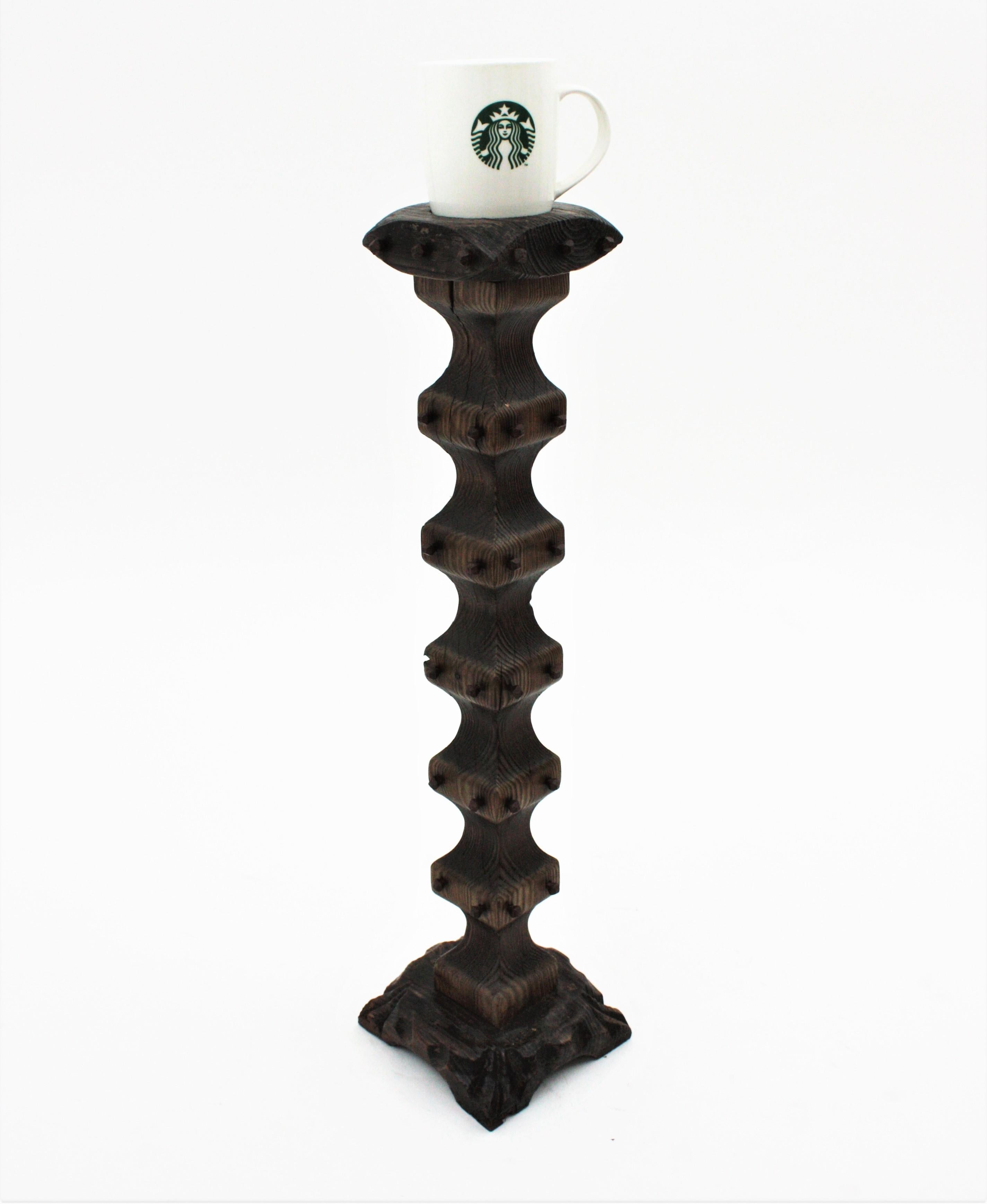 Spanish Revival Carved Wood Torchere Floor Candle Holder with Nail Detail For Sale 3