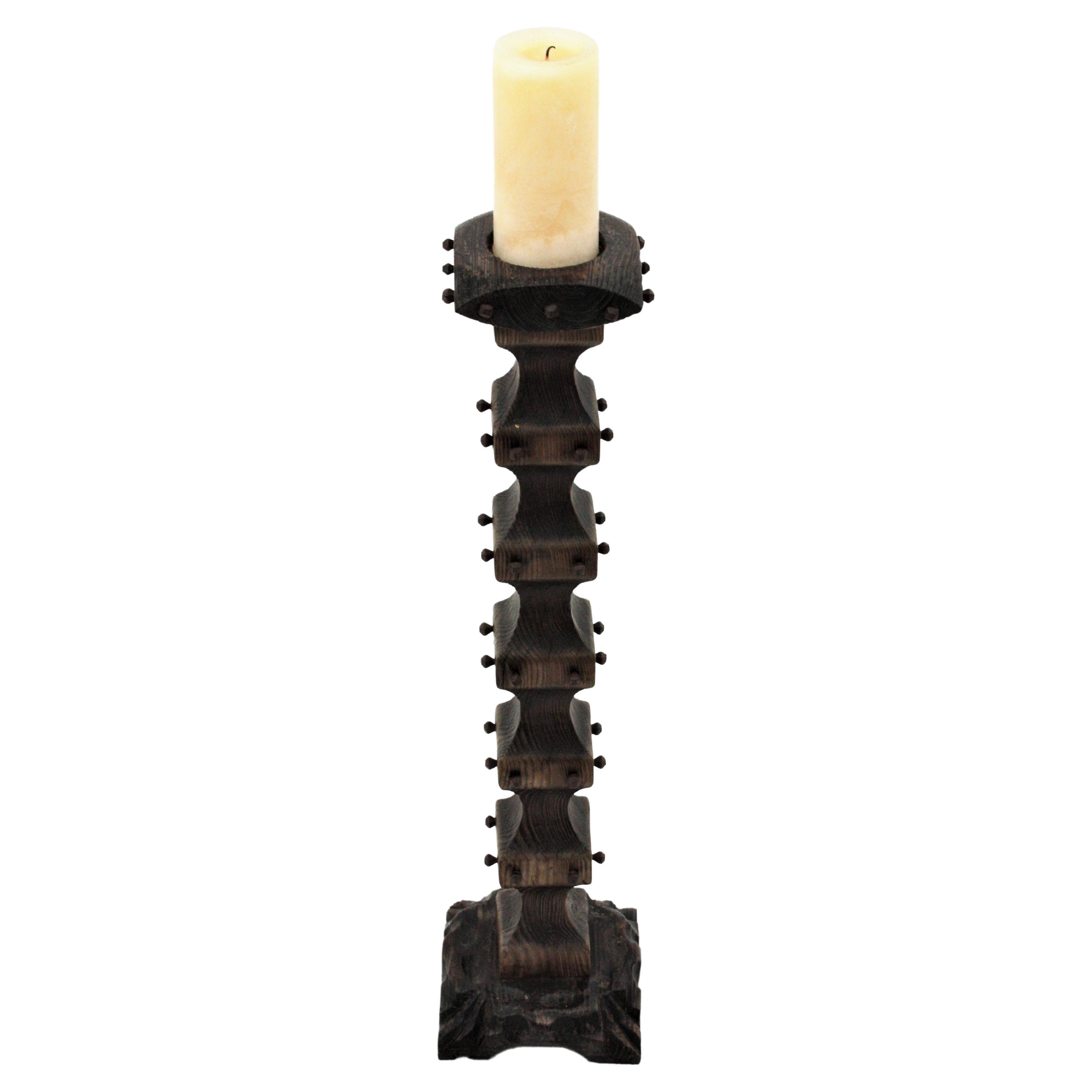 Spanish Revival Carved Wood Torchere Floor Candle Holder with Nail Detail