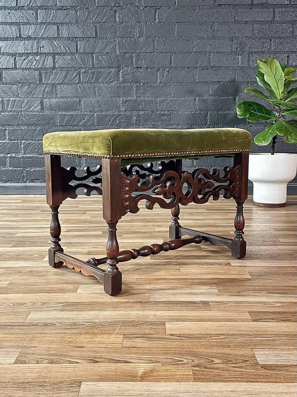 American Spanish Revival Carved Wood & Velvet Stool w/ Nailhead Trim For Sale