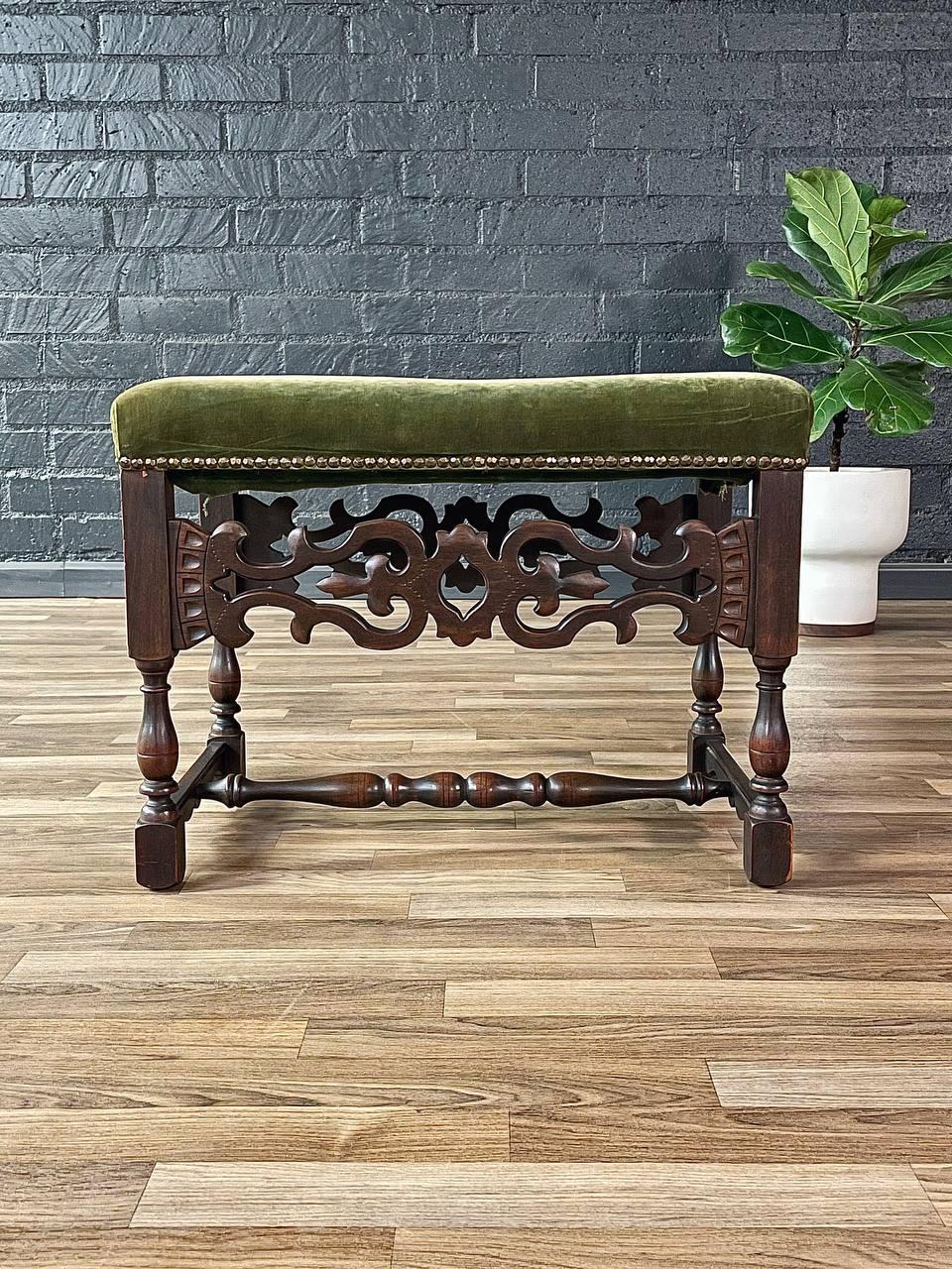 Spanish Revival Carved Wood & Velvet Stool w/ Nailhead Trim For Sale 1