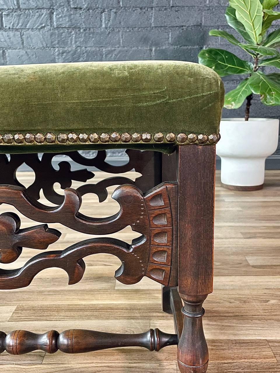 Spanish Revival Carved Wood & Velvet Stool w/ Nailhead Trim For Sale 3