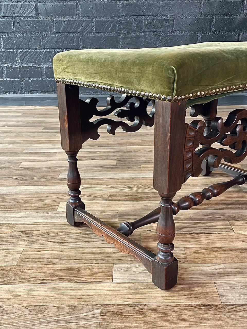Spanish Revival Carved Wood & Velvet Stool w/ Nailhead Trim For Sale 4