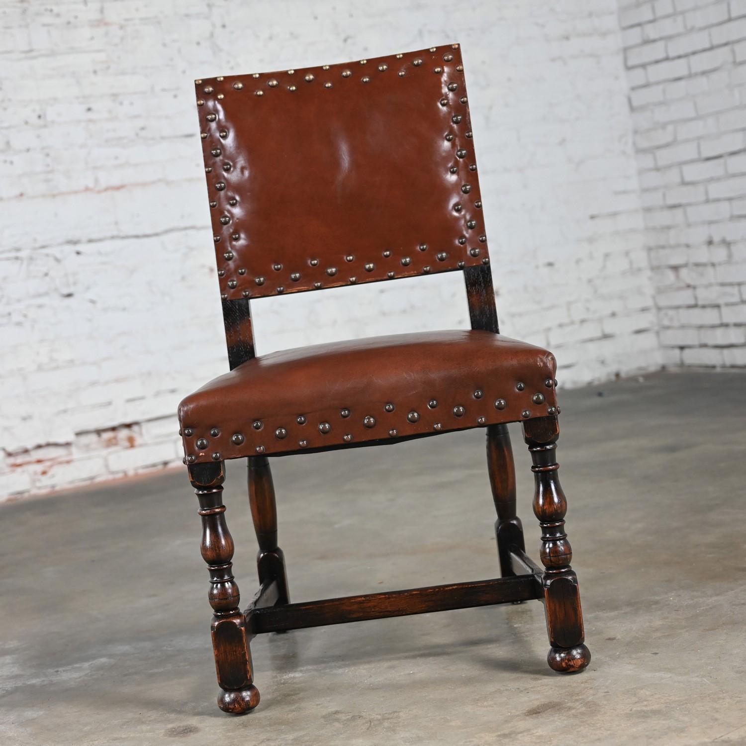 Spanish Revival Century Furniture Oak Side Chair Cognac Leather Nailhead Details For Sale 3