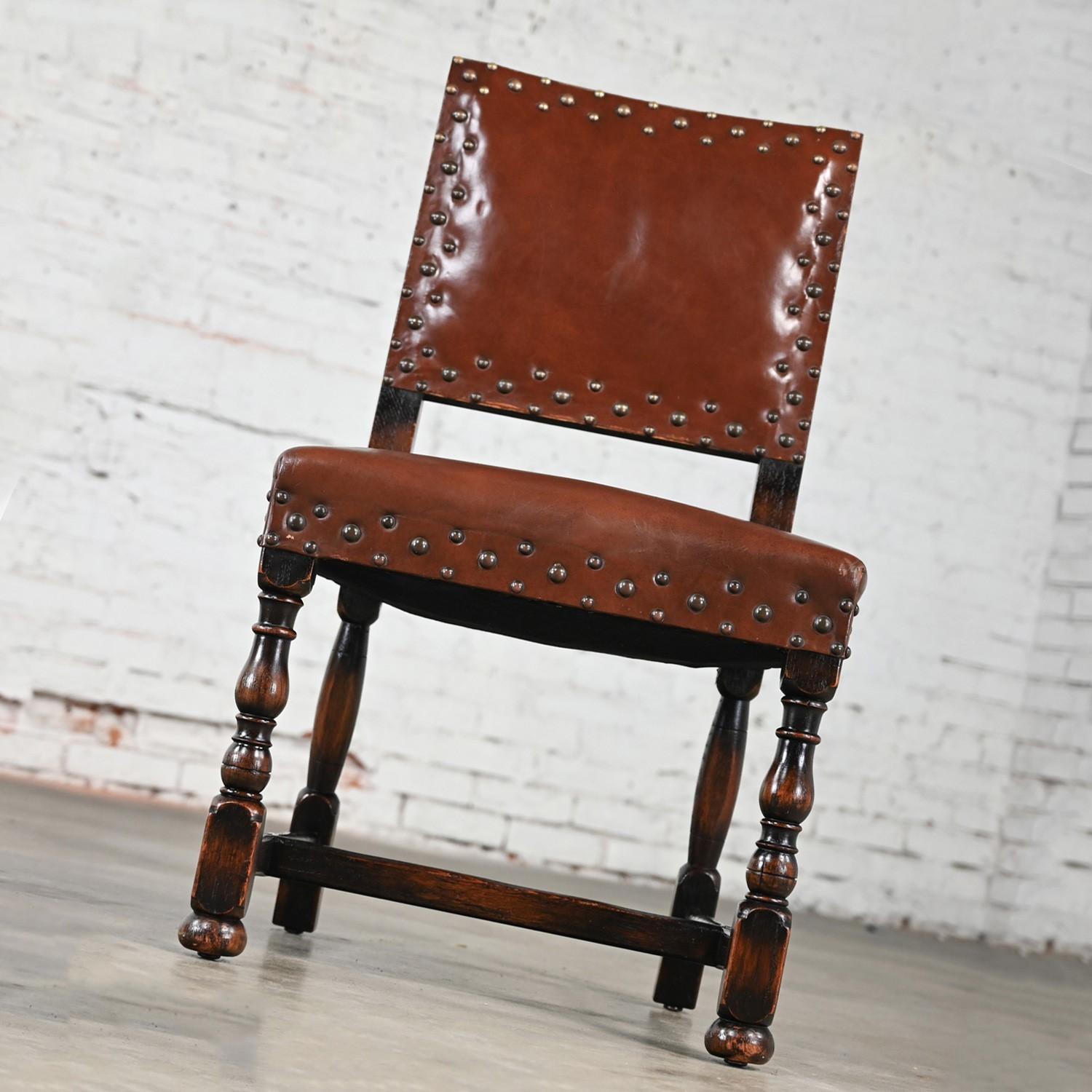 Spanish Revival Century Furniture Oak Side Chair Cognac Leather Nailhead Details For Sale 4
