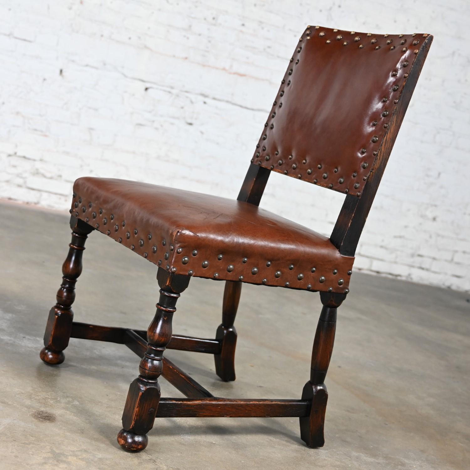 Spanish Revival Century Furniture Oak Side Chair Cognac Leather Nailhead Details For Sale 5