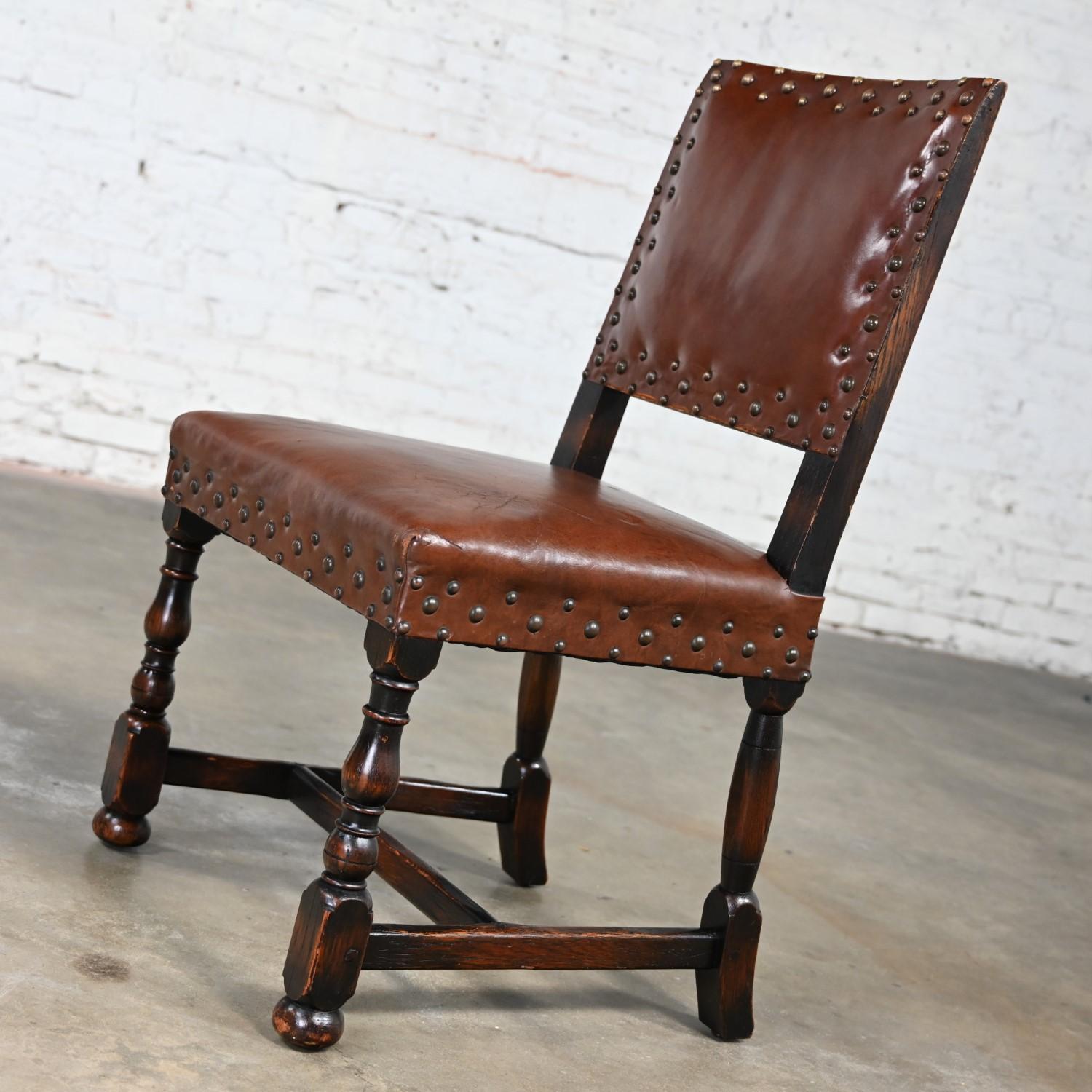 Spanish Revival Century Furniture Oak Side Chair Cognac Leather Nailhead Details For Sale 4