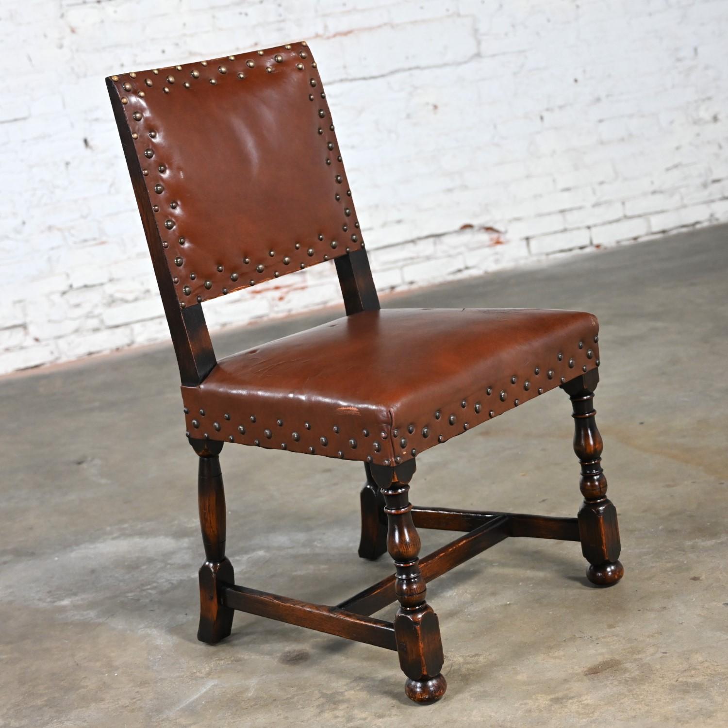 Spanish Revival Century Furniture Oak Side Chair Cognac Leather Nailhead Details For Sale 6
