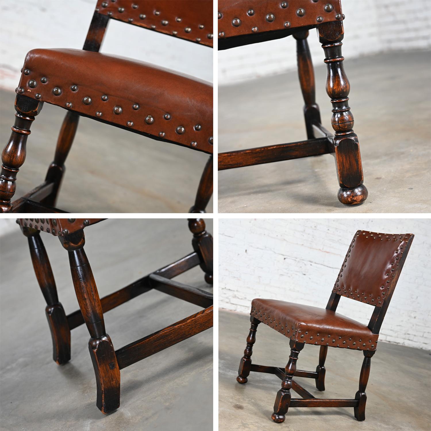 Spanish Revival Century Furniture Oak Side Chair Cognac Leather Nailhead Details For Sale 7