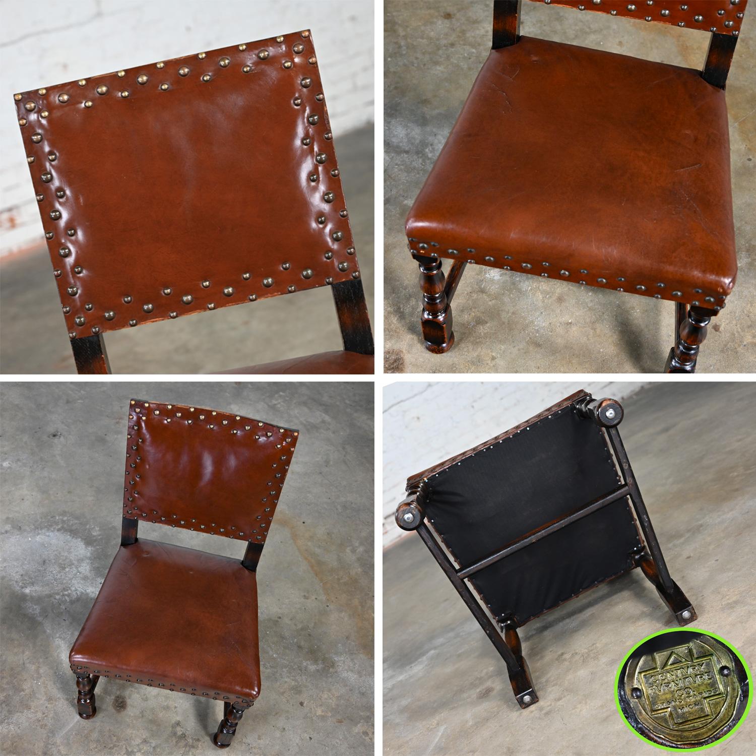Spanish Revival Century Furniture Oak Side Chair Cognac Leather Nailhead Details For Sale 7